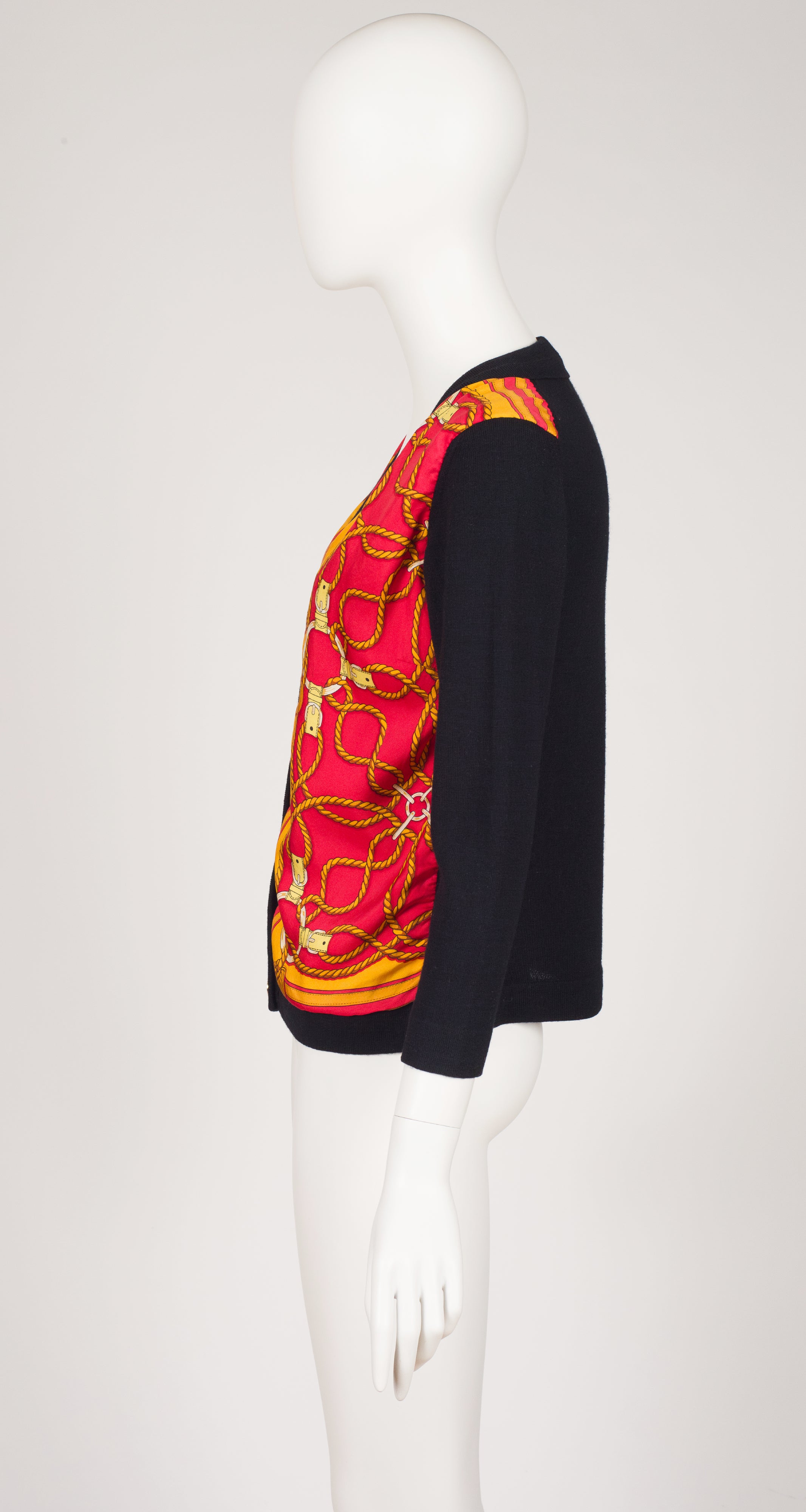 1970s Rope Scarf Print Silk Twill Black Wool Cardigan