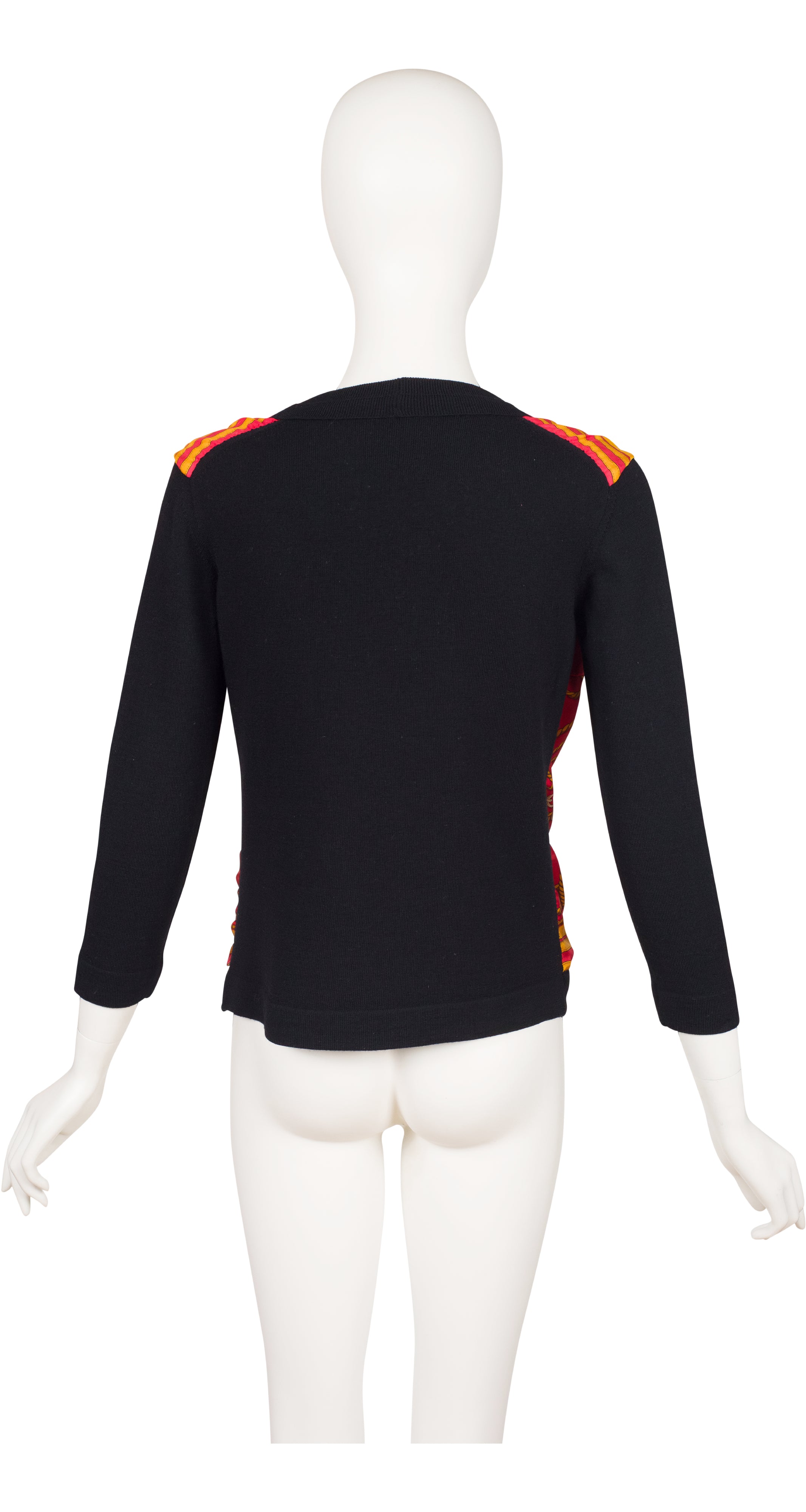 1970s Rope Scarf Print Silk Twill Black Wool Cardigan