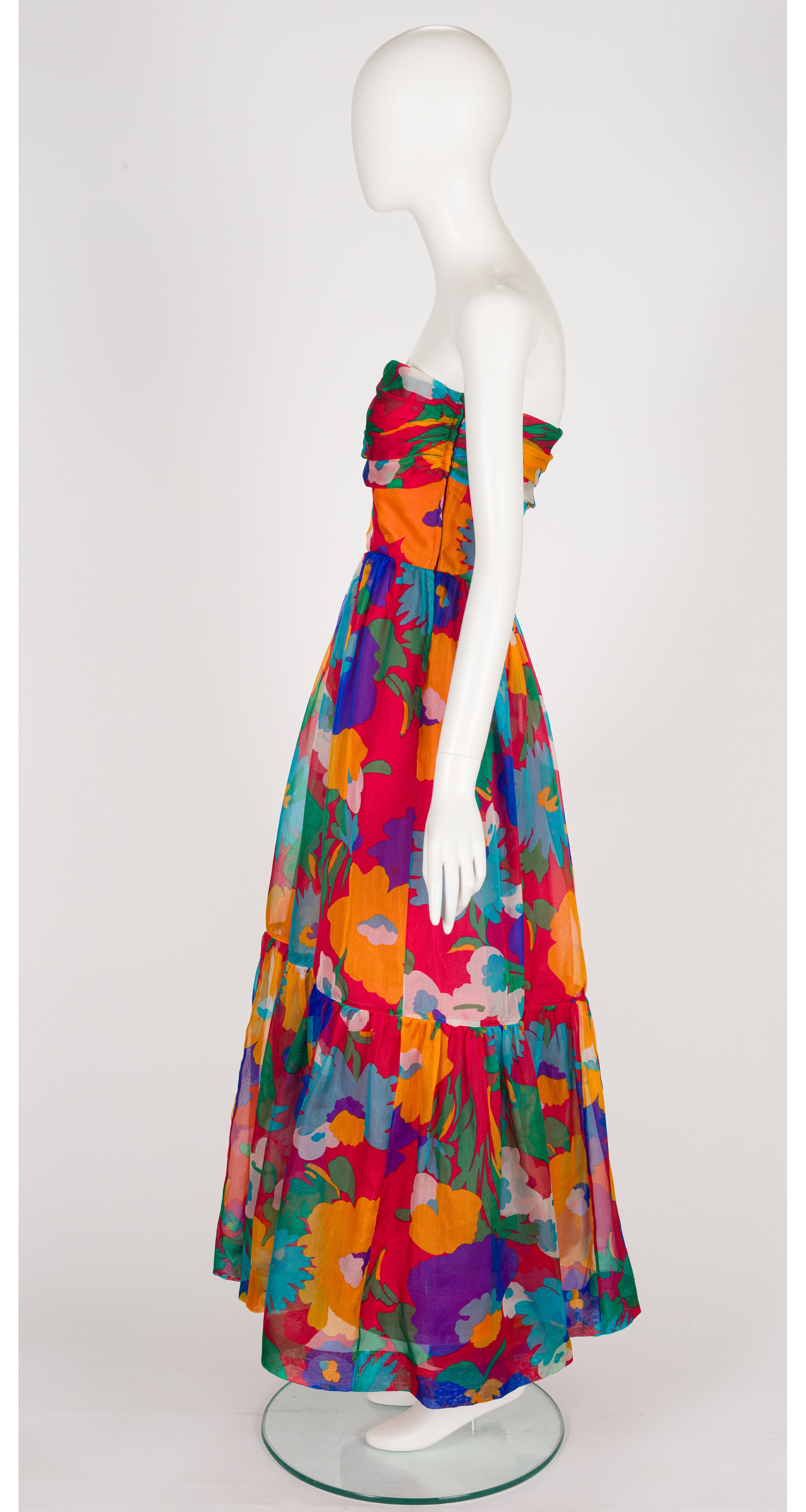 1980s Floral Silk Organza Strapless Gown