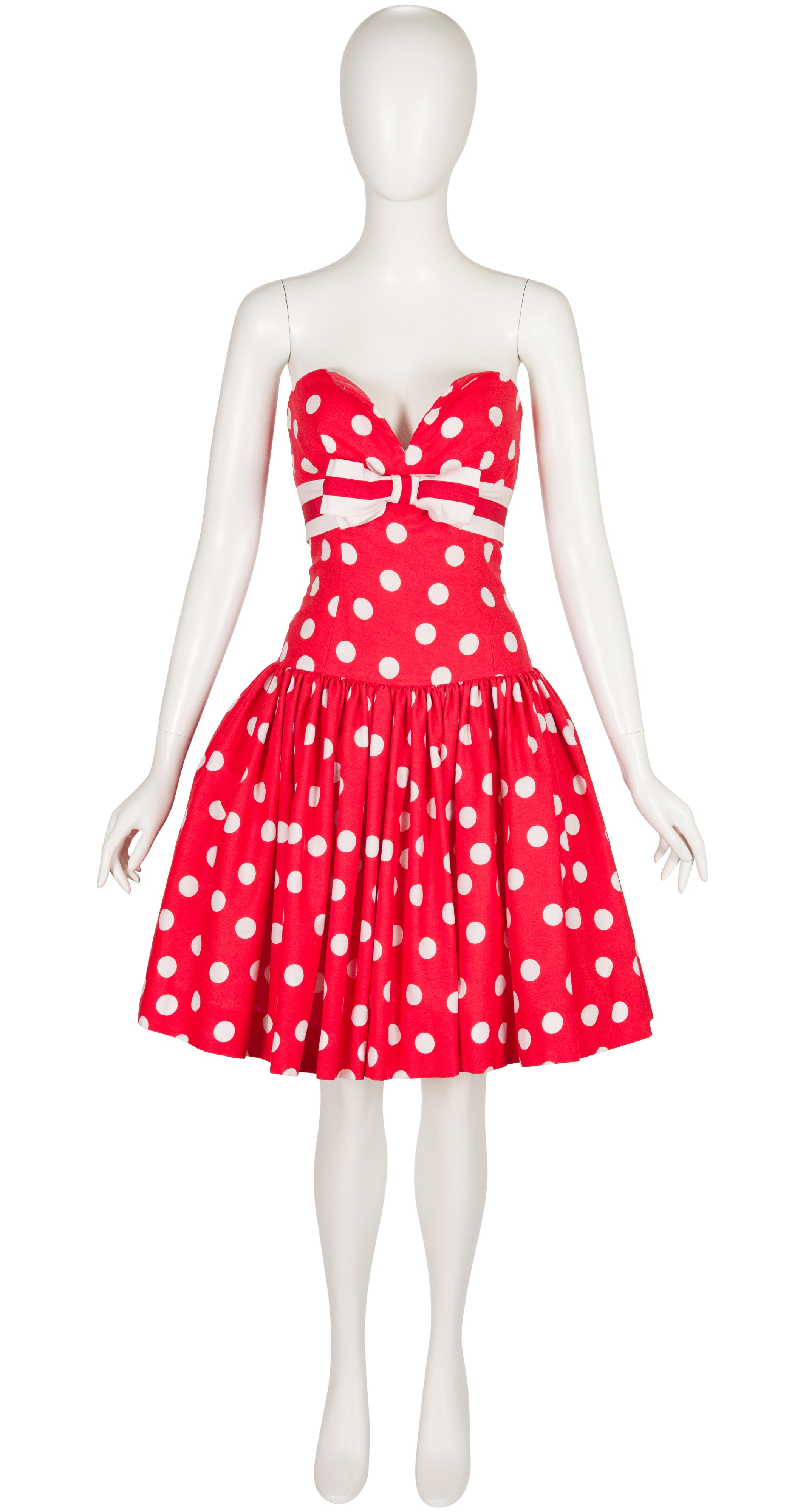 1980s Red & White Polka Dot Cotton Strapless Party Dress