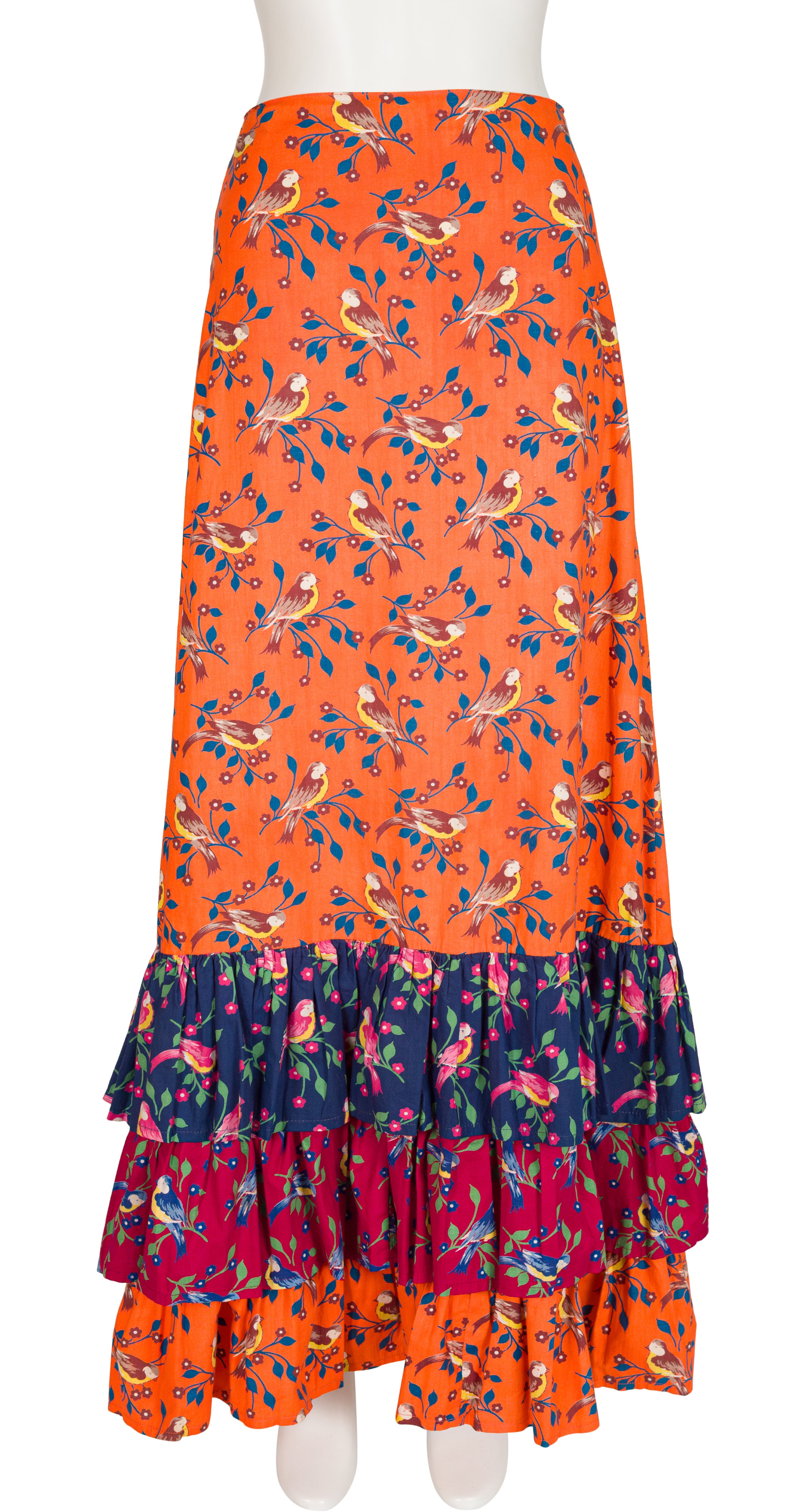 1972 Swallow Print Cotton Tiered Ruffle Maxi Skirt