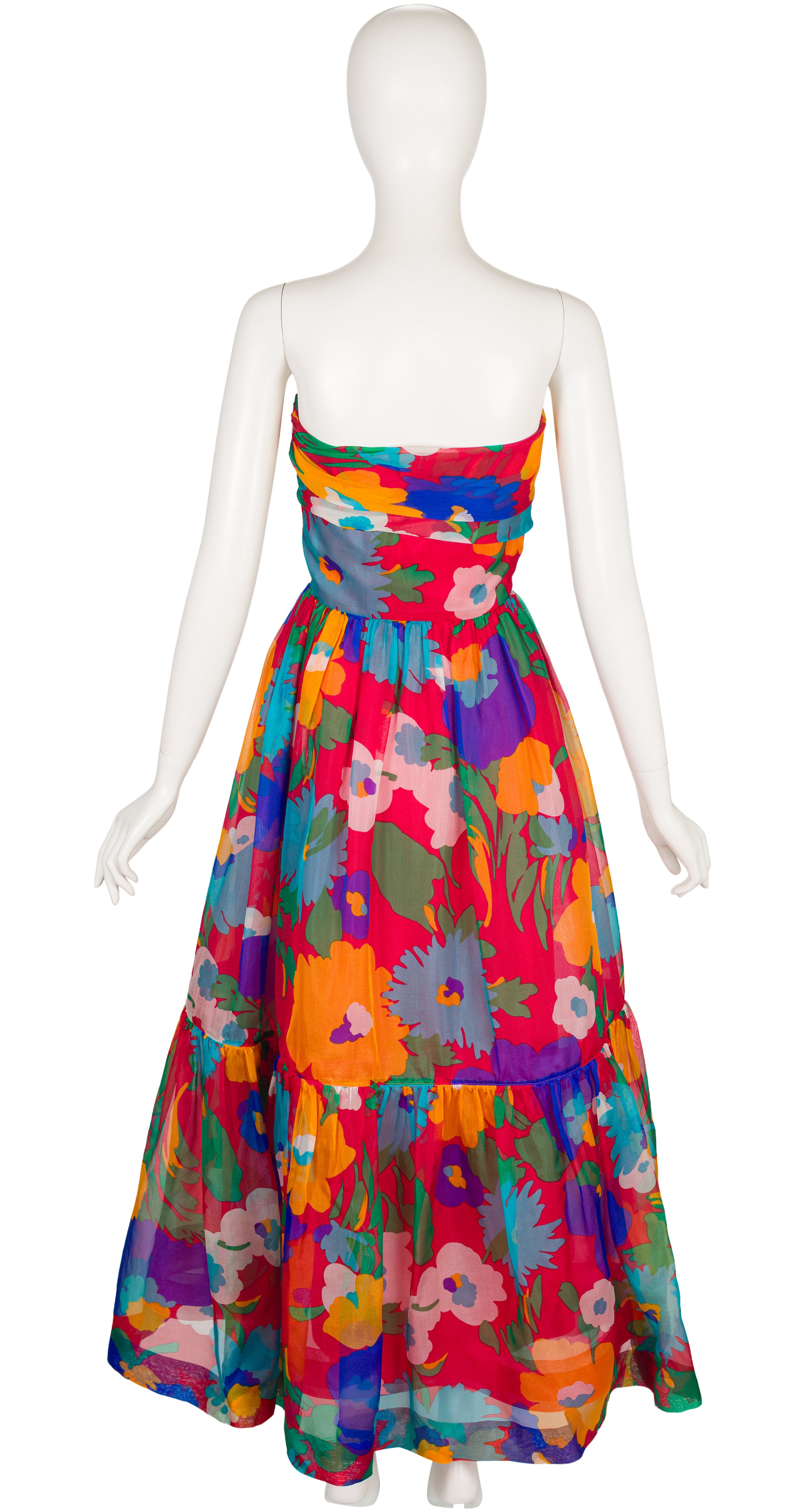 1980s Floral Silk Organza Strapless Gown