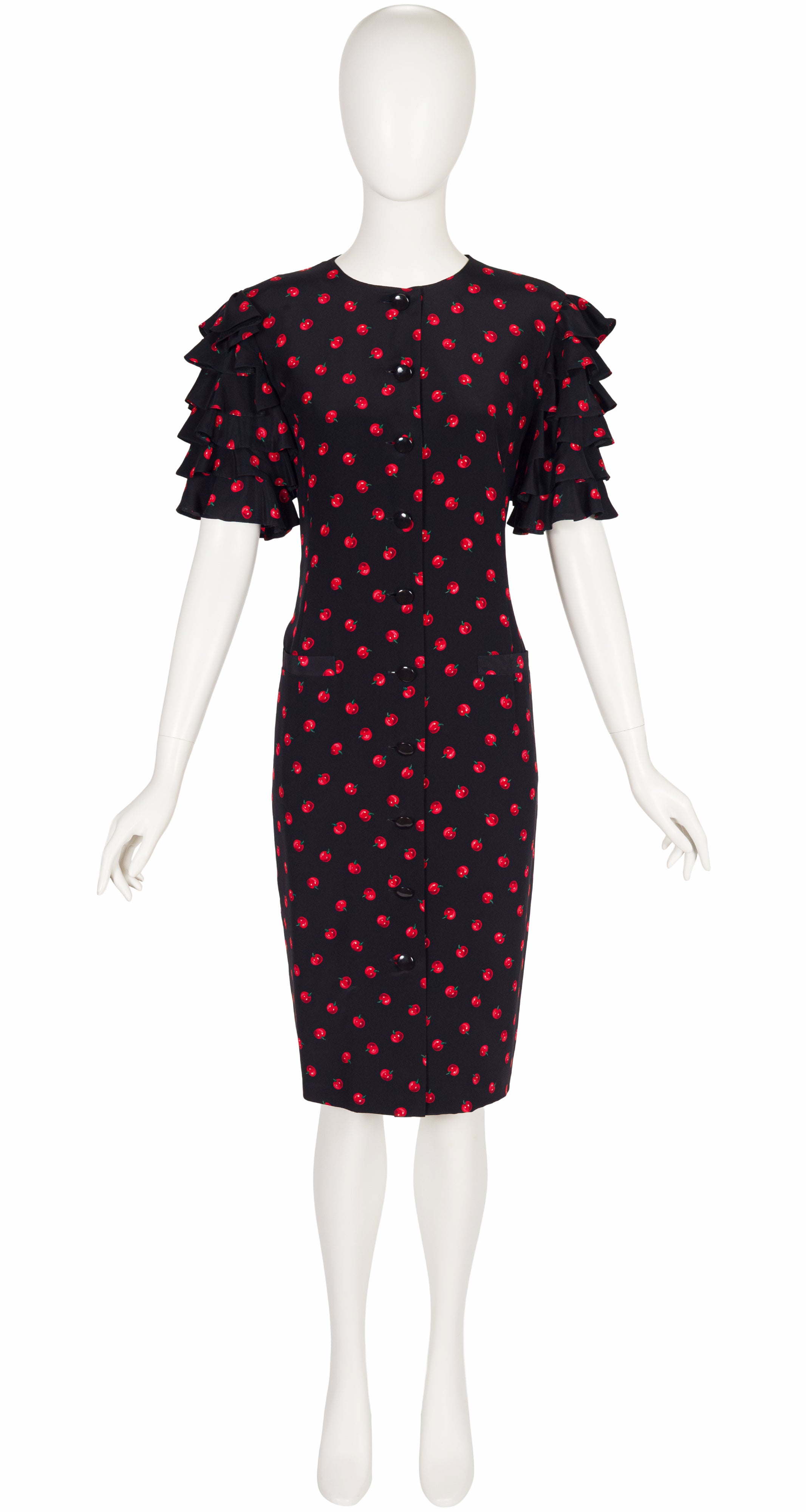 1980s Tomato Print Black Silk Ruffle Sleeve Dress