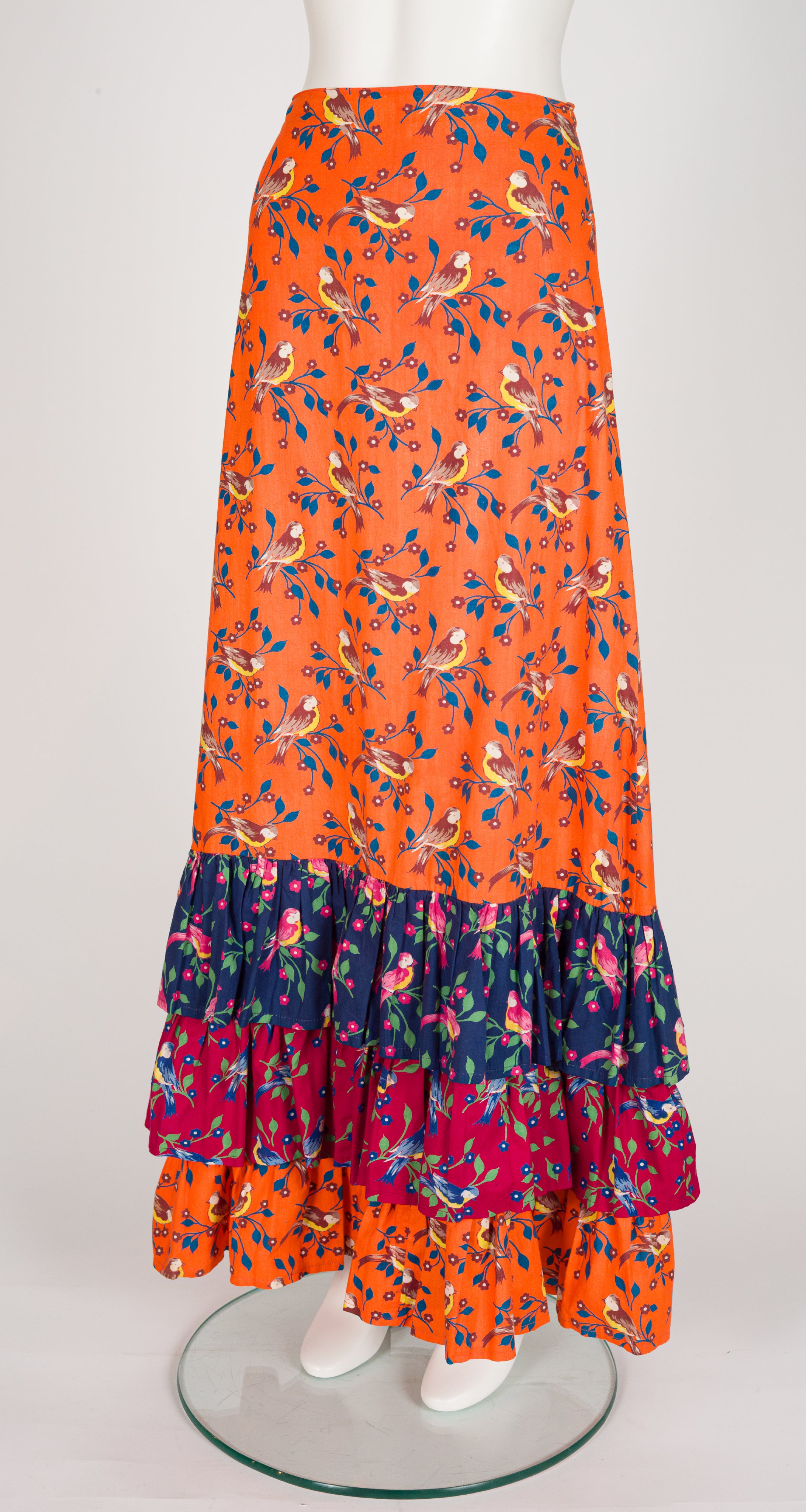 1972 Swallow Print Cotton Tiered Ruffle Maxi Skirt