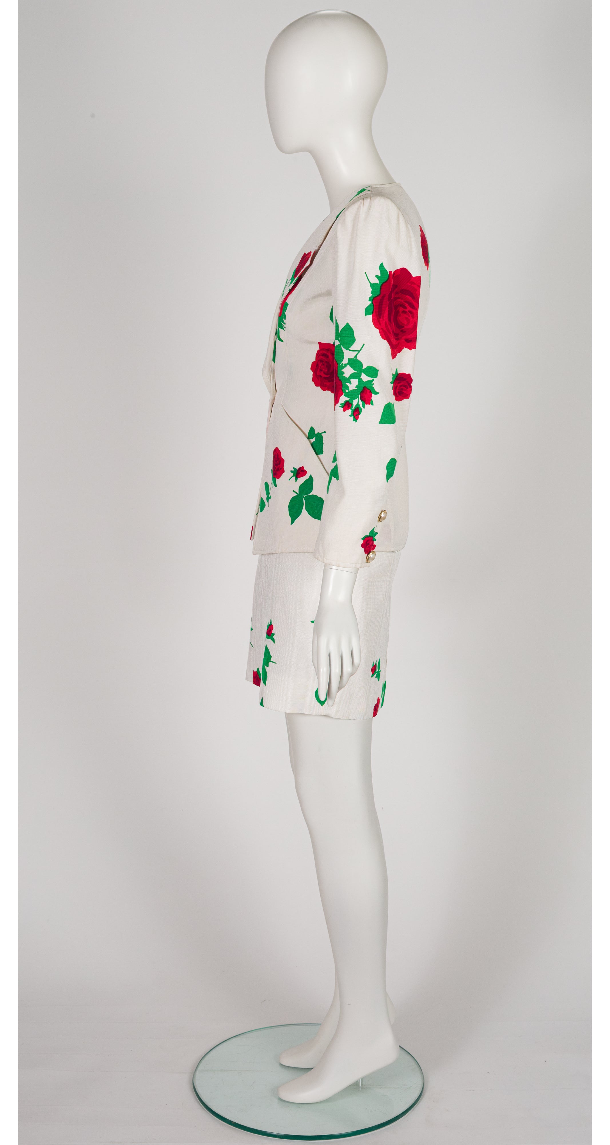 1980s Rose Print White Faille Skirt Suit