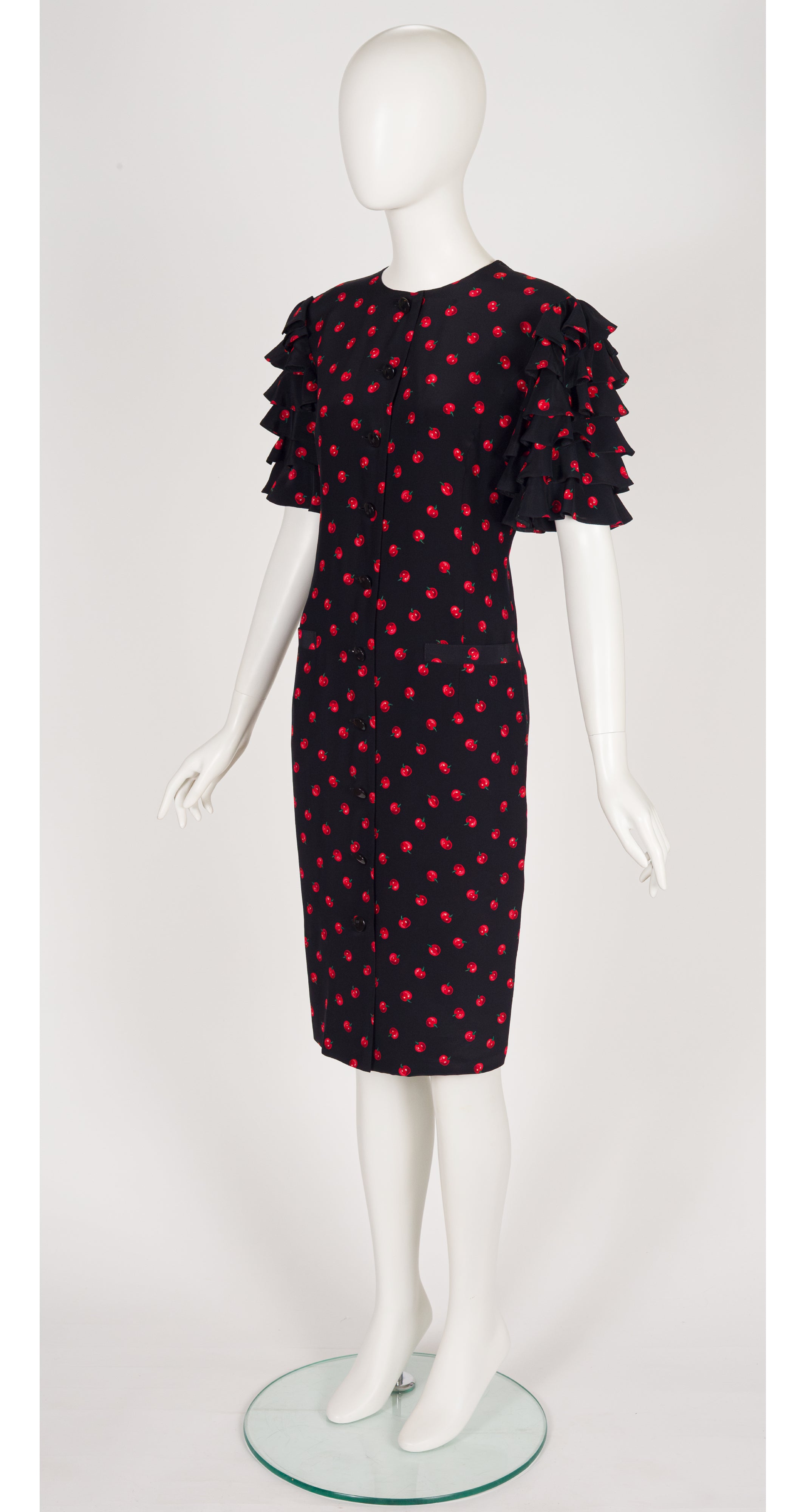 1980s Tomato Print Black Silk Ruffle Sleeve Dress
