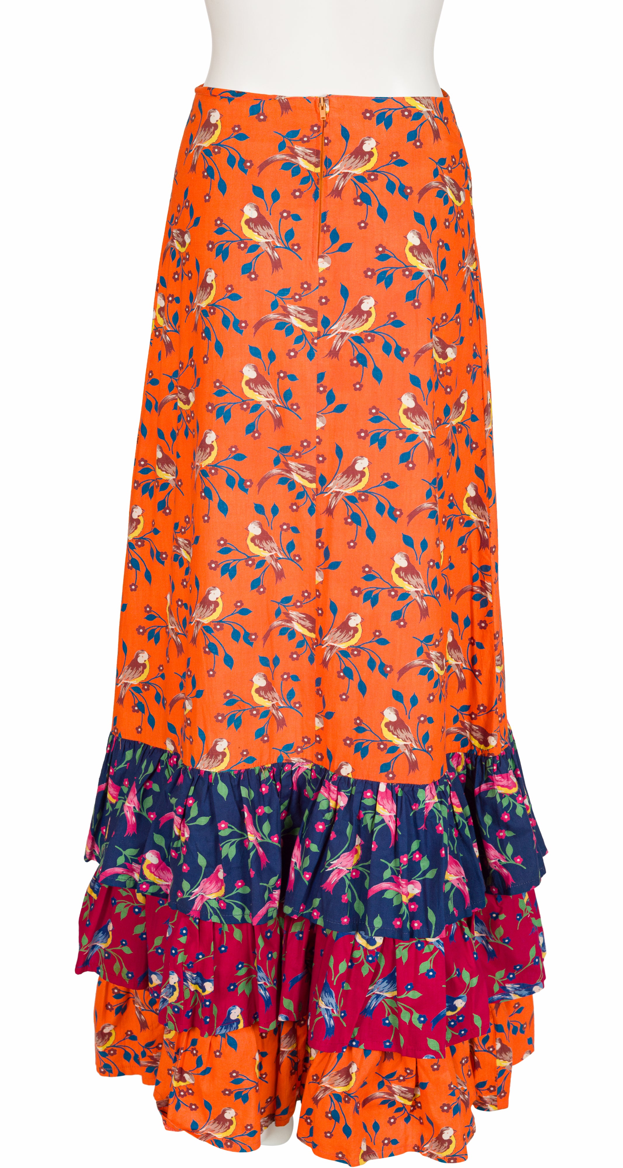 1972 Swallow Print Cotton Tiered Ruffle Maxi Skirt