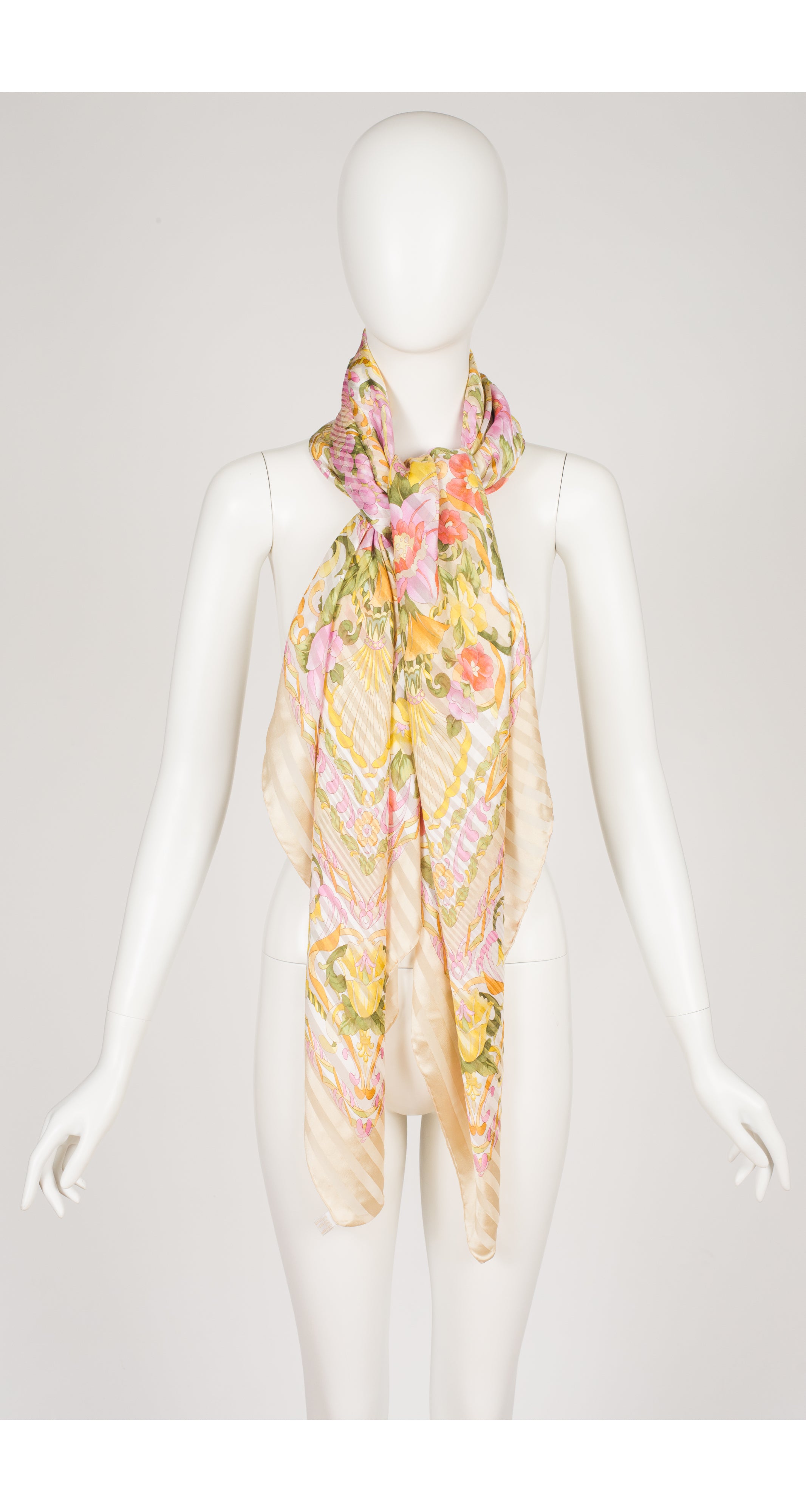 1990s 53" Floral Print Striped Silk Chiffon Shawl