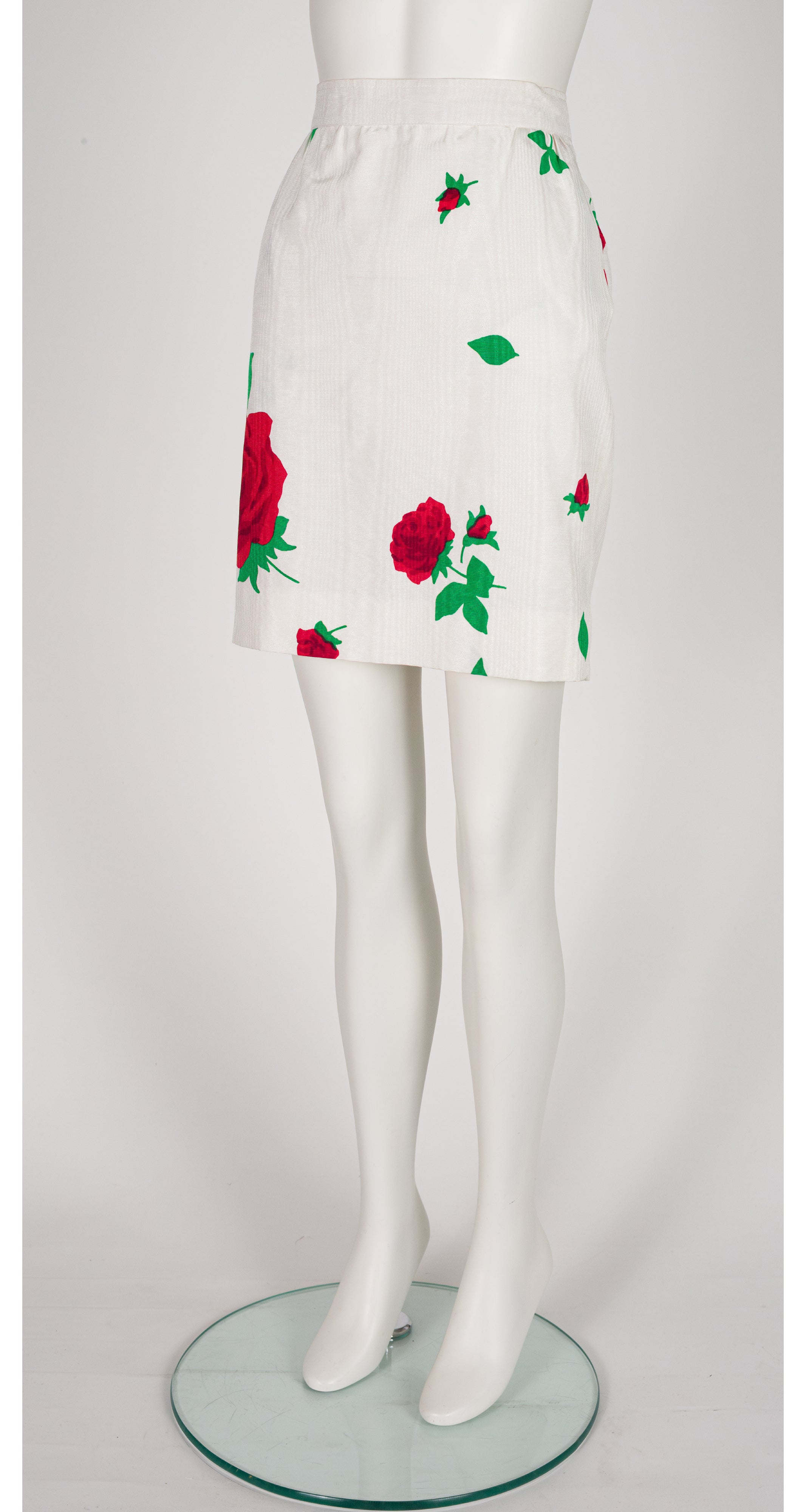 1980s Rose Print White Faille Skirt Suit