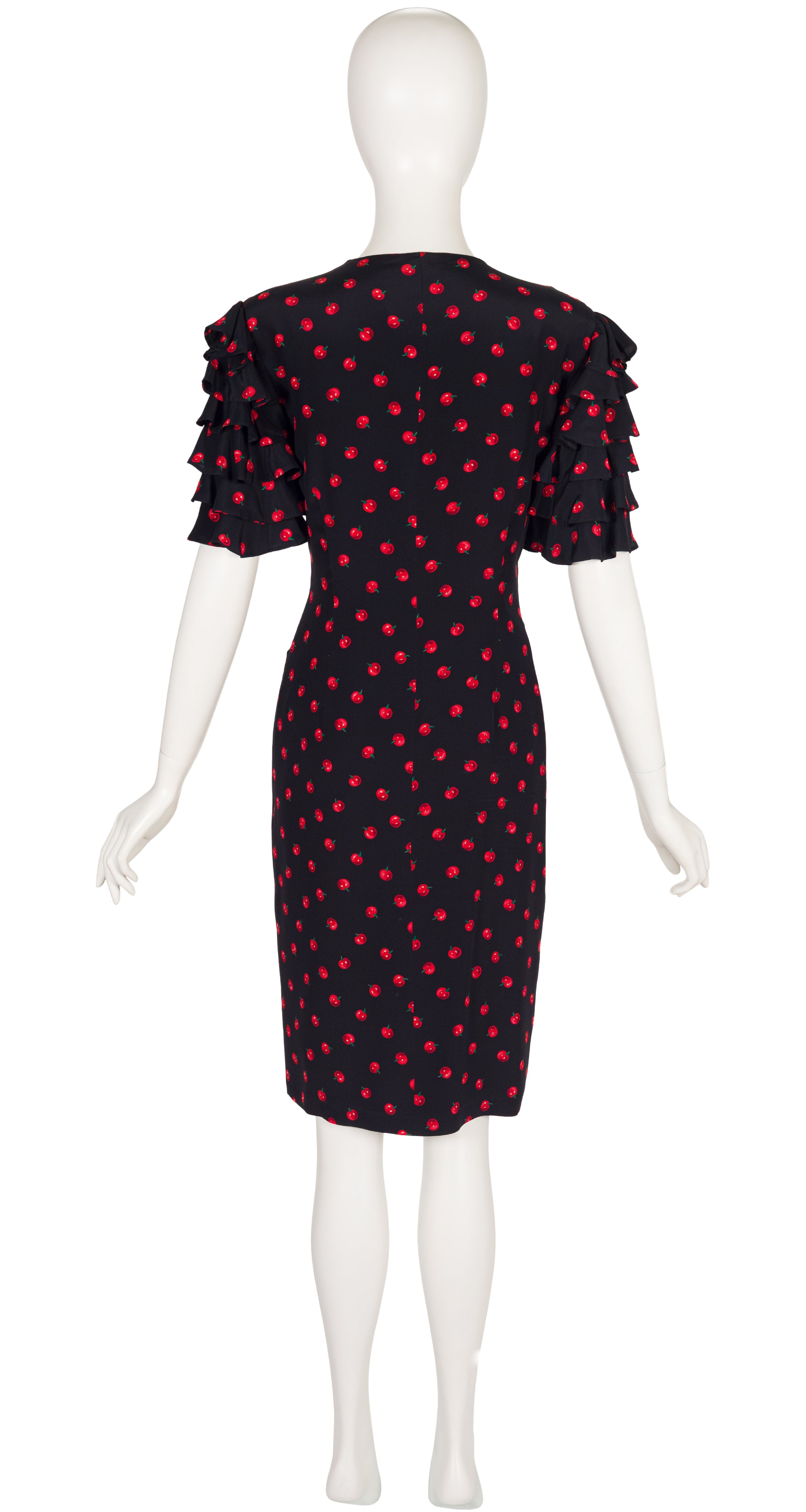 1980s Tomato Print Black Silk Ruffle Sleeve Dress