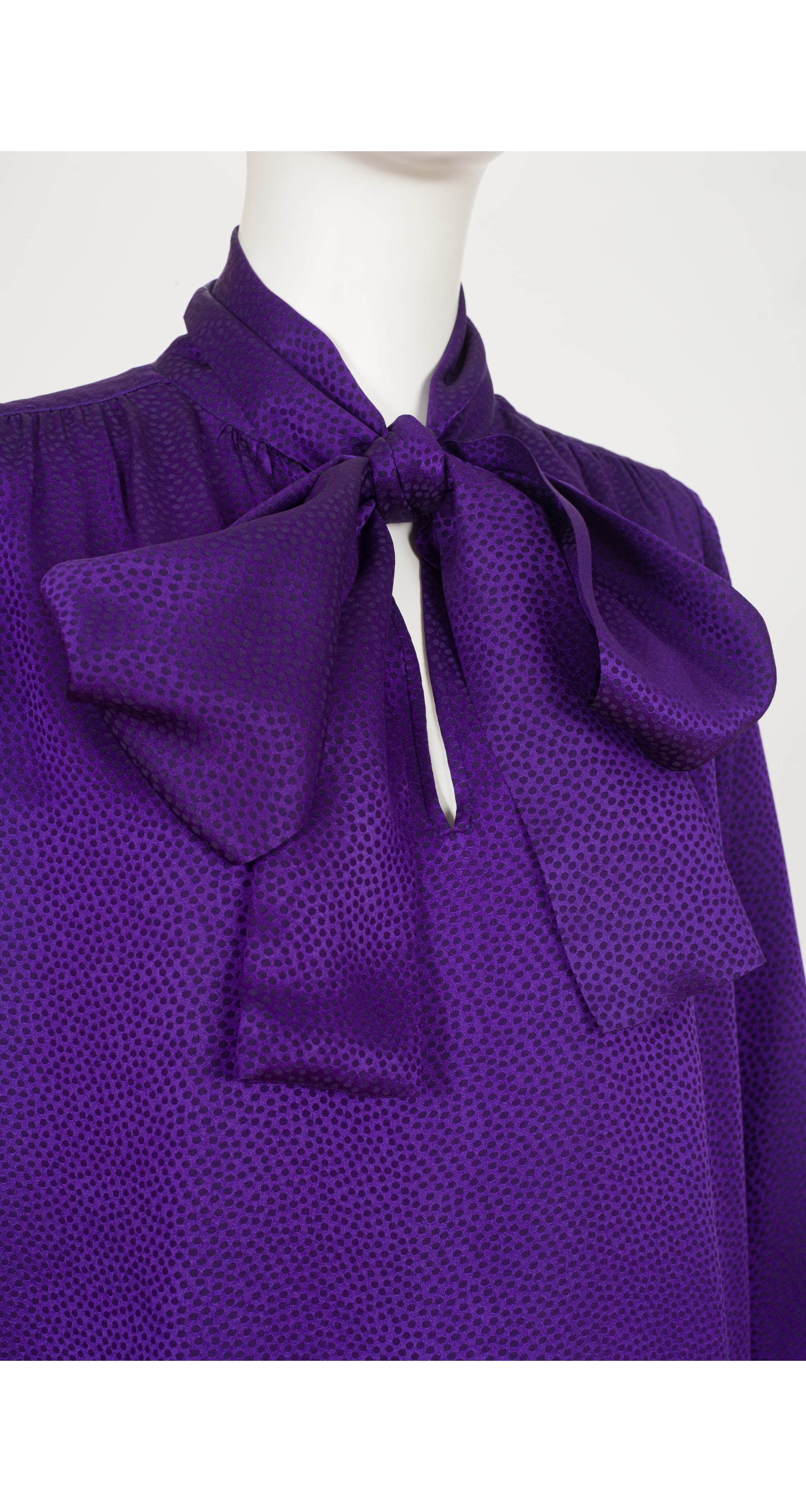 1980s Purple Dotted Silk Jacquard Tie-Neck Blouse
