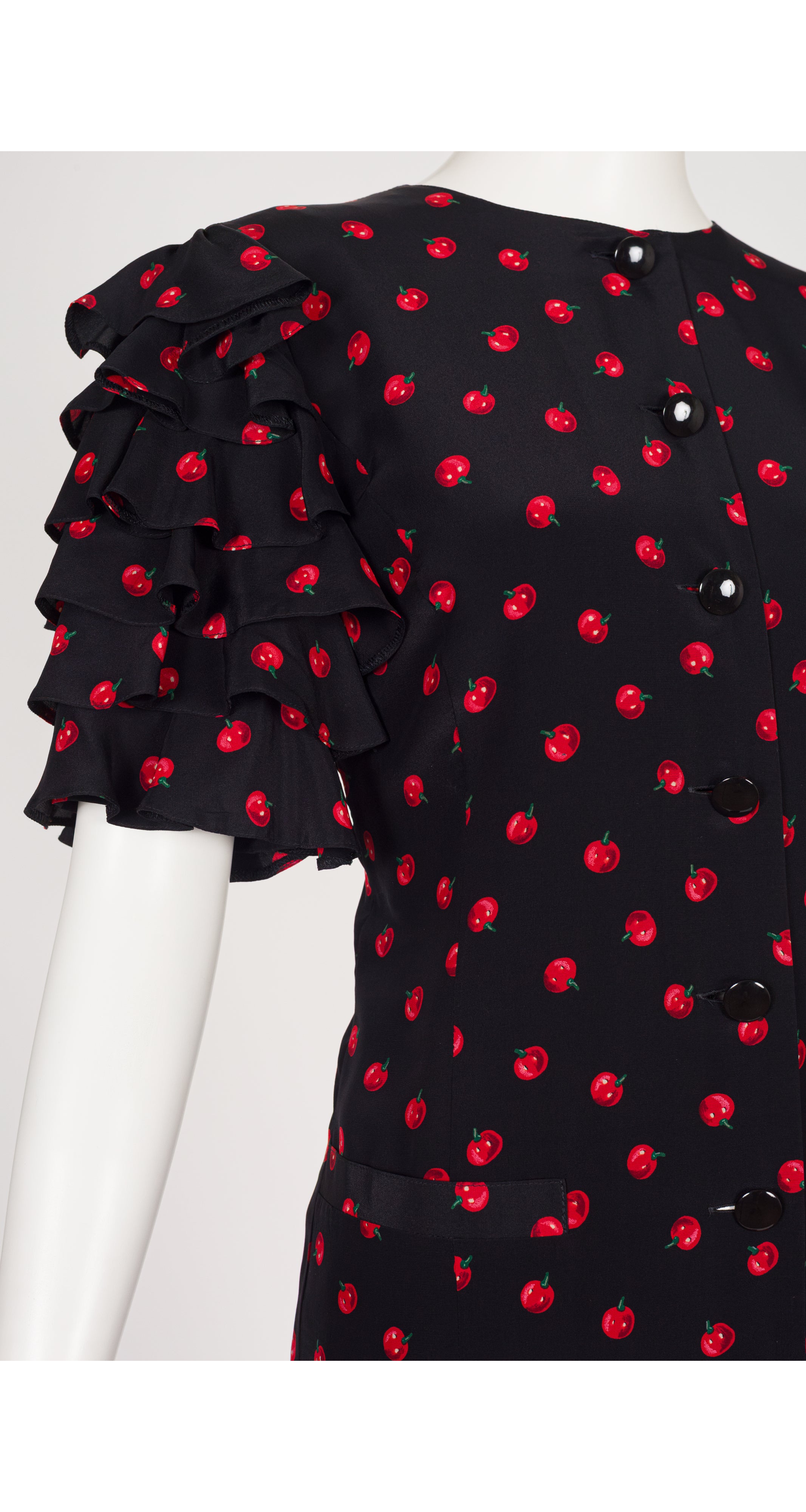 1980s Tomato Print Black Silk Ruffle Sleeve Dress