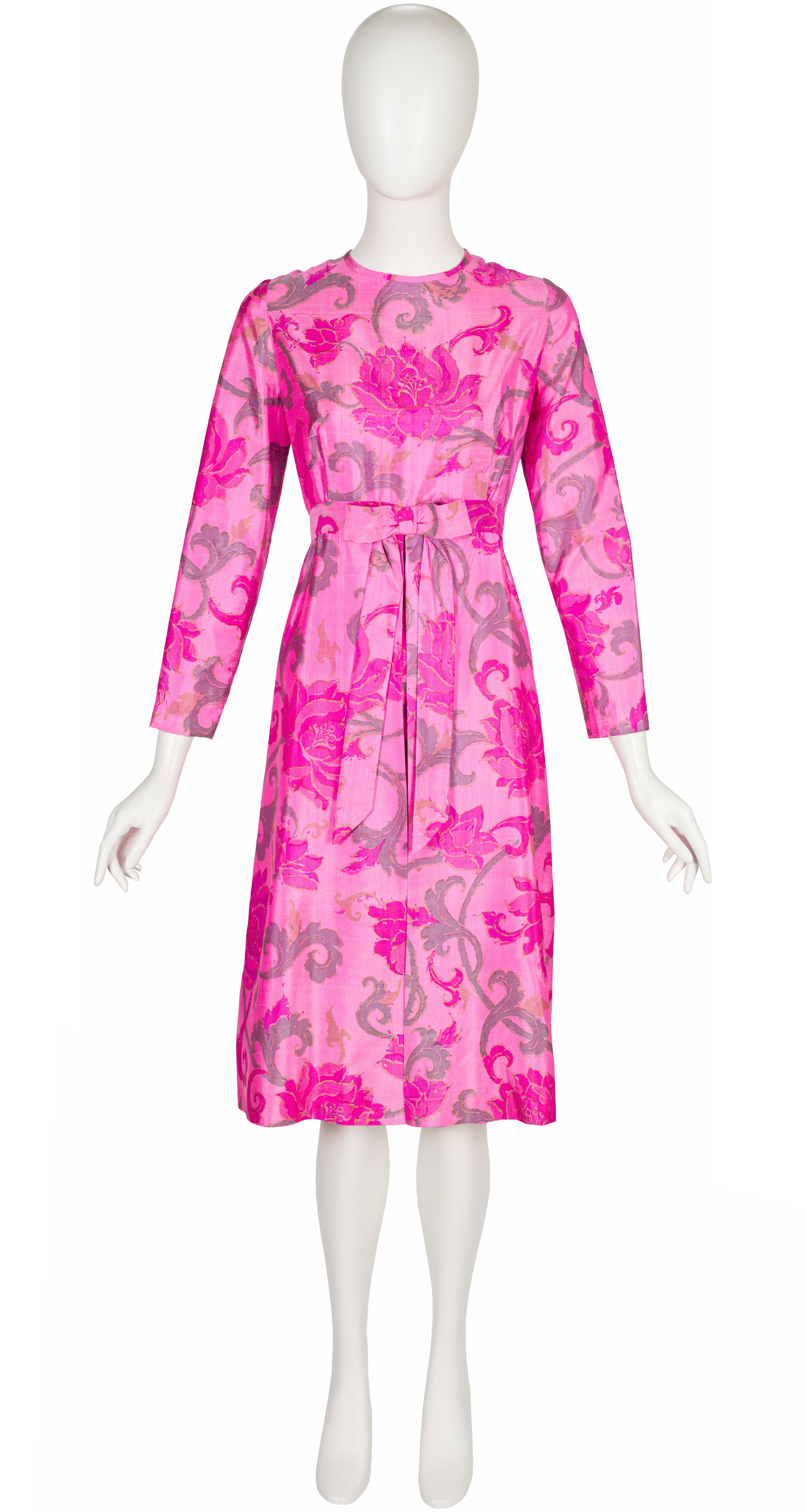 1960s Lotus Flower Print Pink Thai Silk Bow Dress