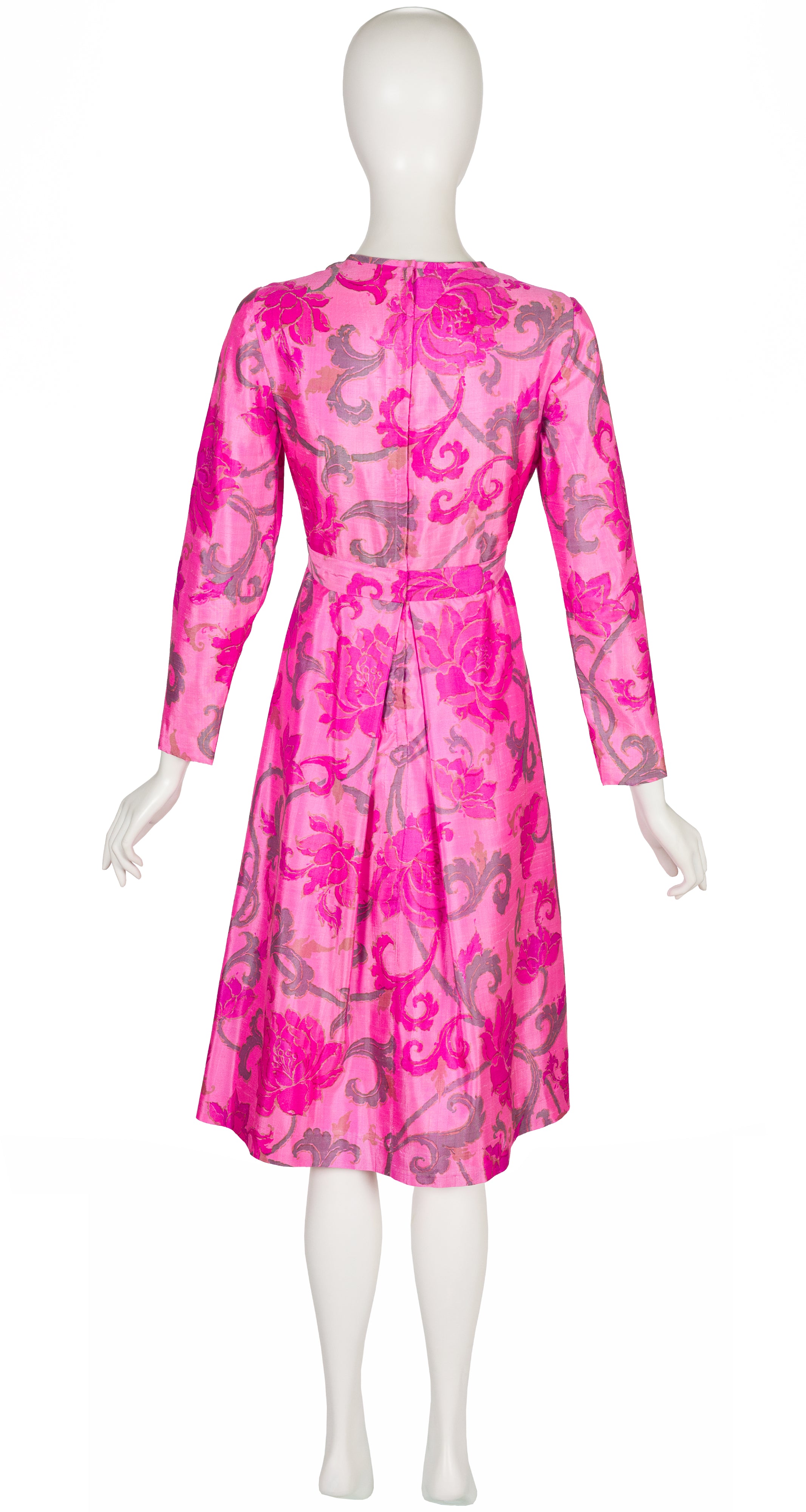 1960s Lotus Flower Print Pink Thai Silk Bow Dress