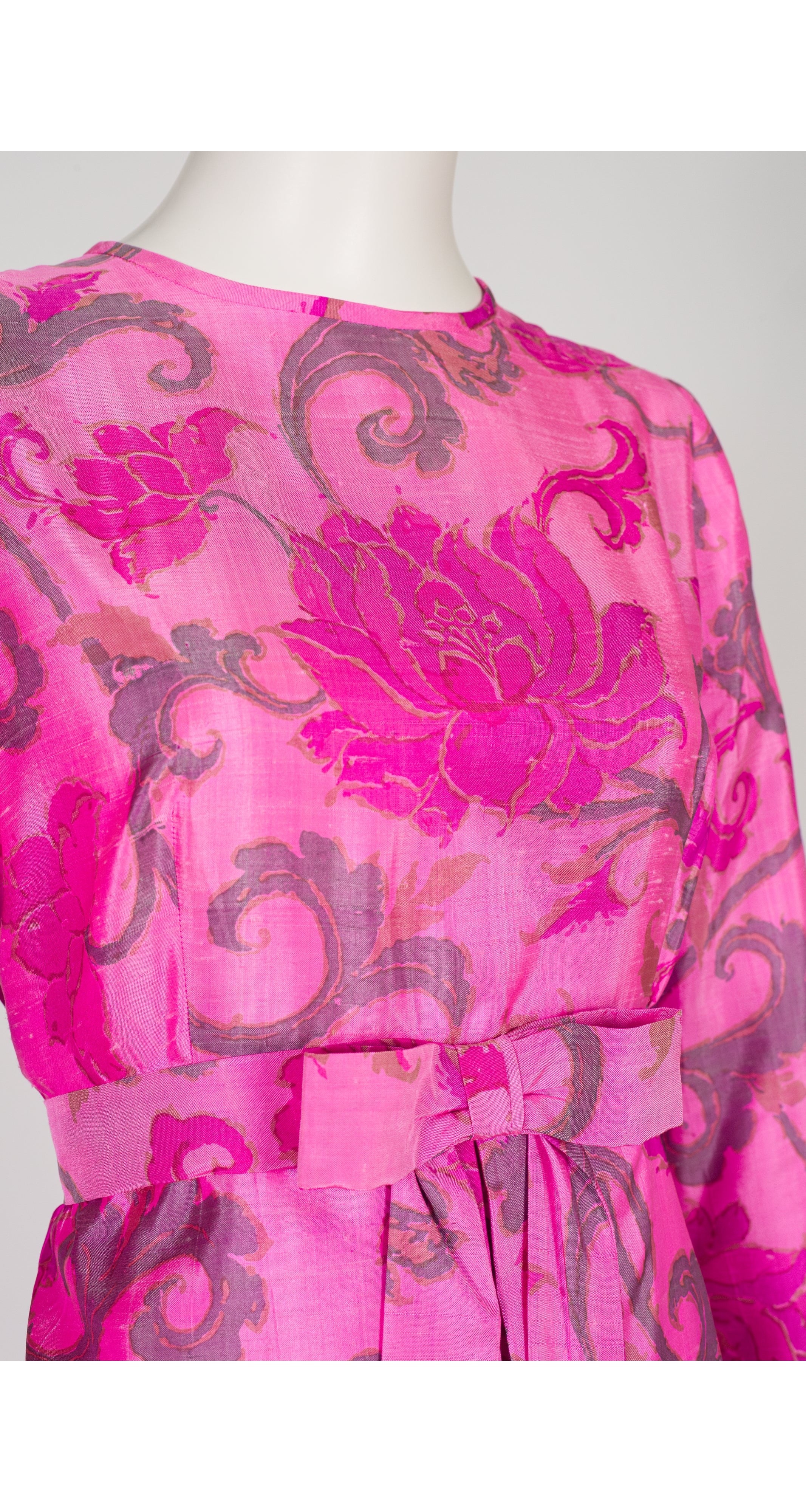 1960s Lotus Flower Print Pink Thai Silk Bow Dress