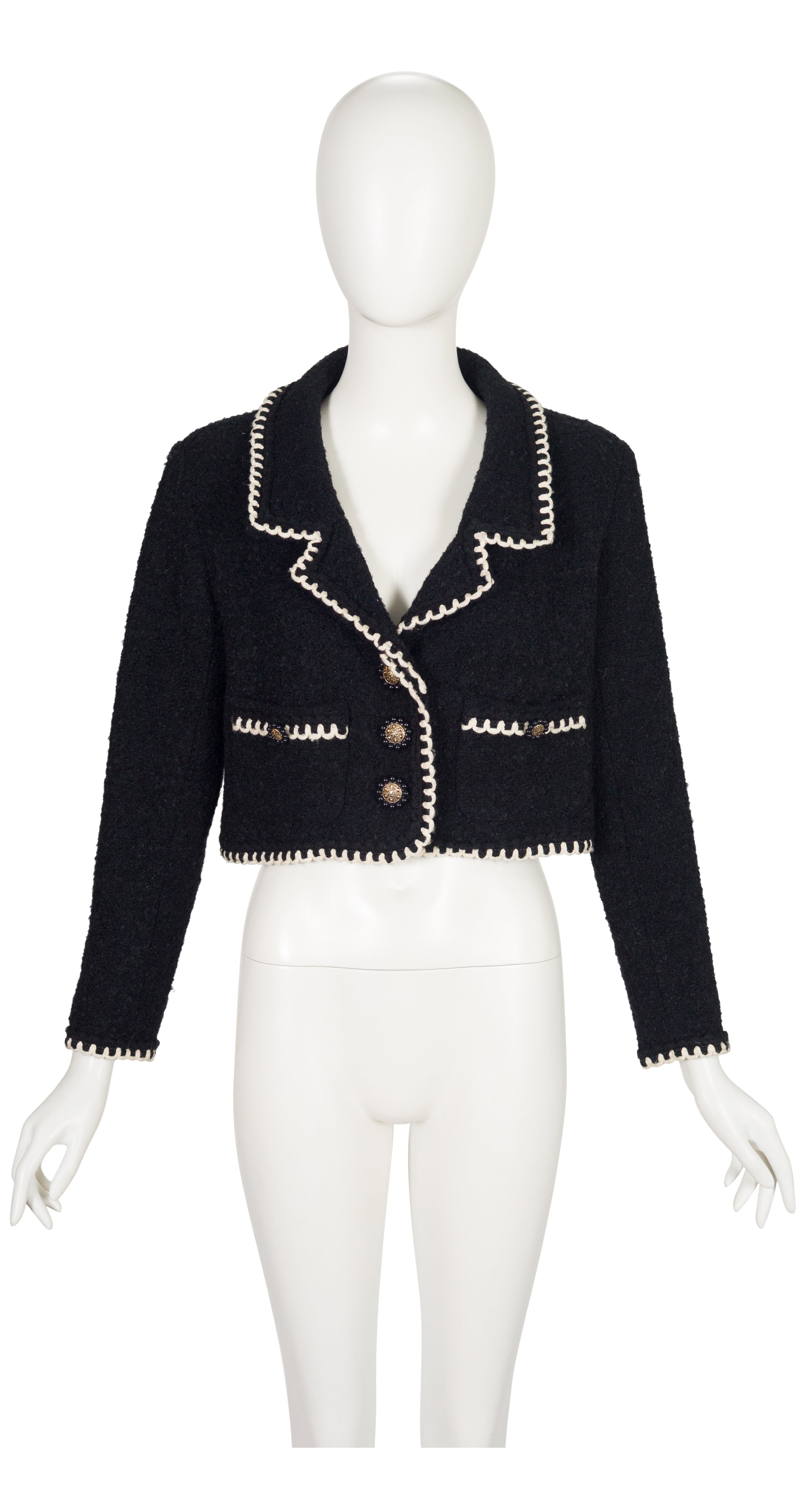 1990s Black Wool Bouclé Contrast Trim Cropped Jacket