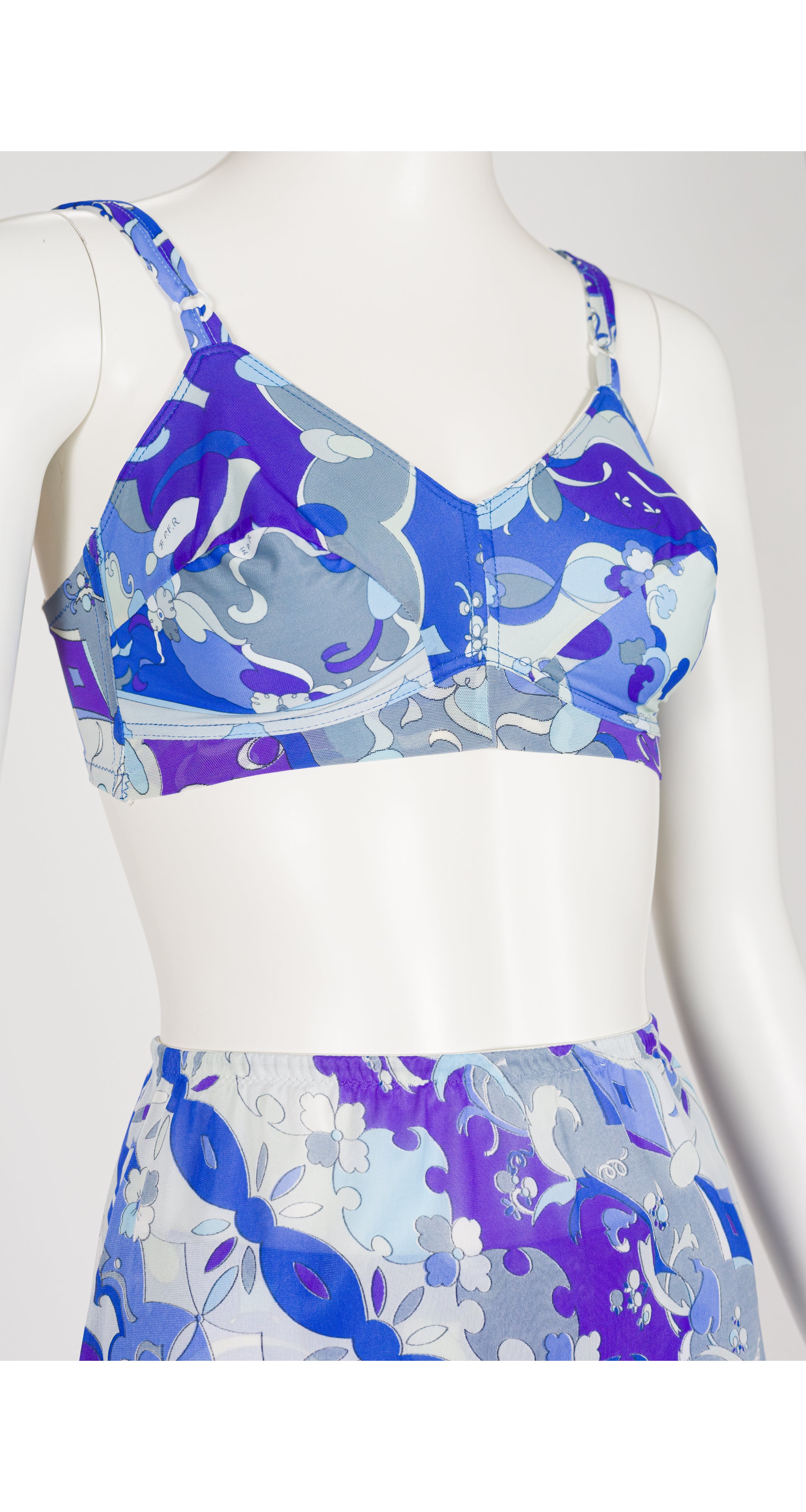 1960s Printed Blue & Purple Three-Piece Lingerie Set