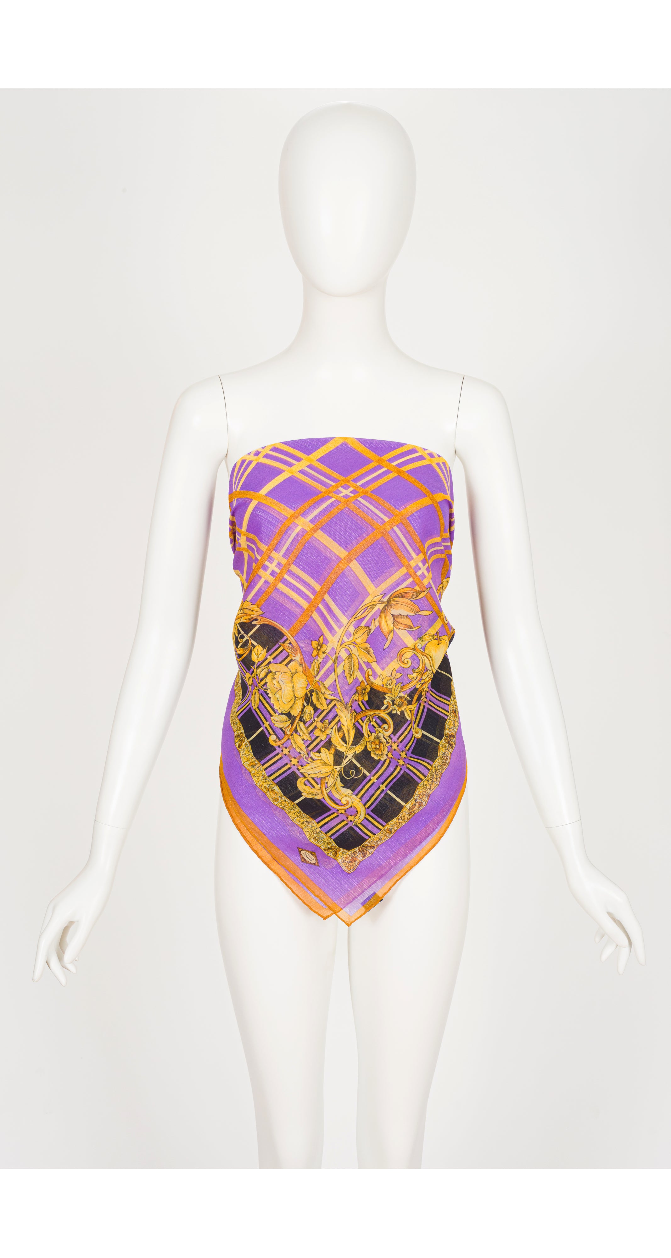1990s Baroque Plaid Purple & Gold Lurex Scarf