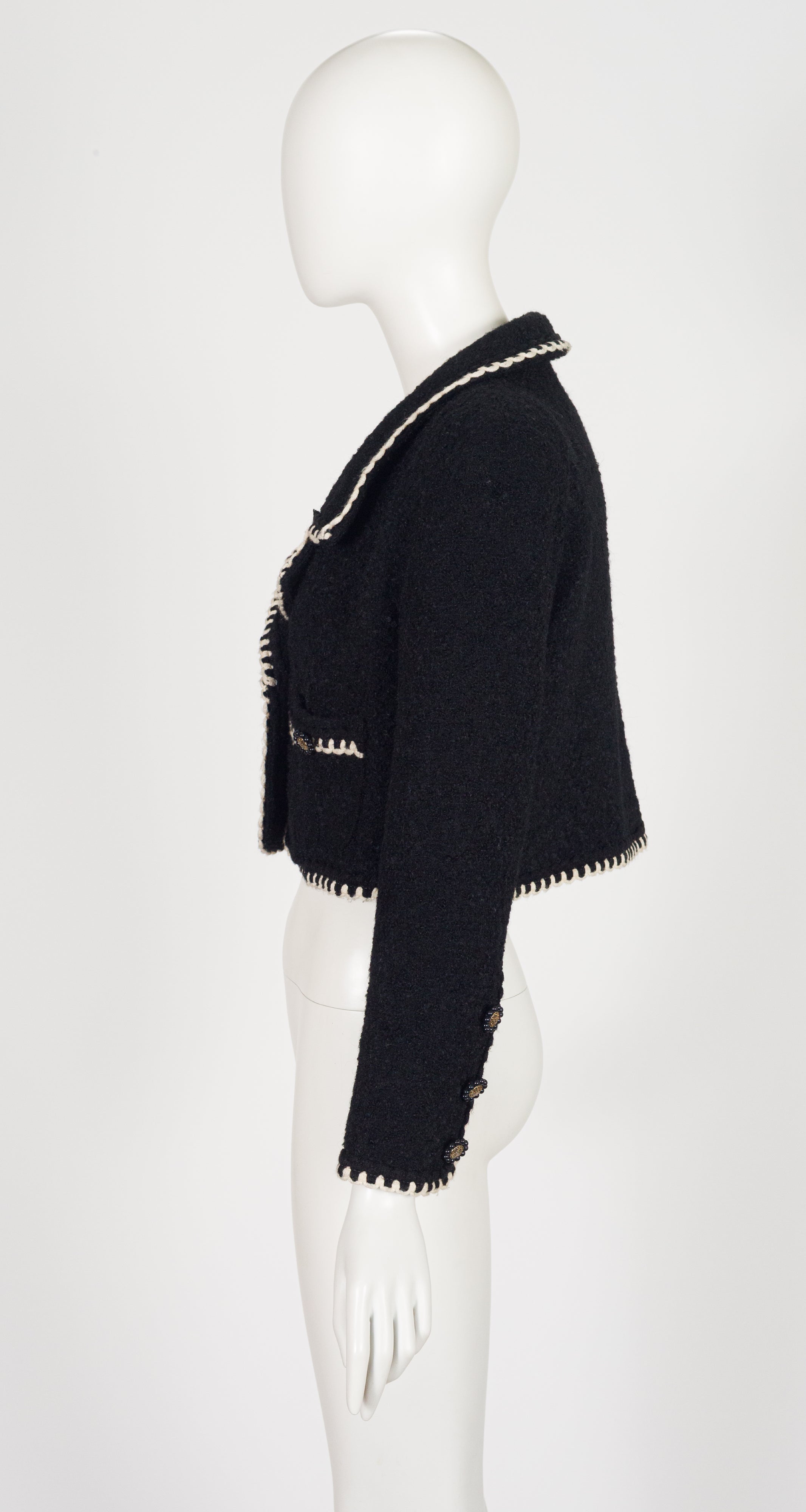 1990s Black Wool Bouclé Contrast Trim Cropped Jacket