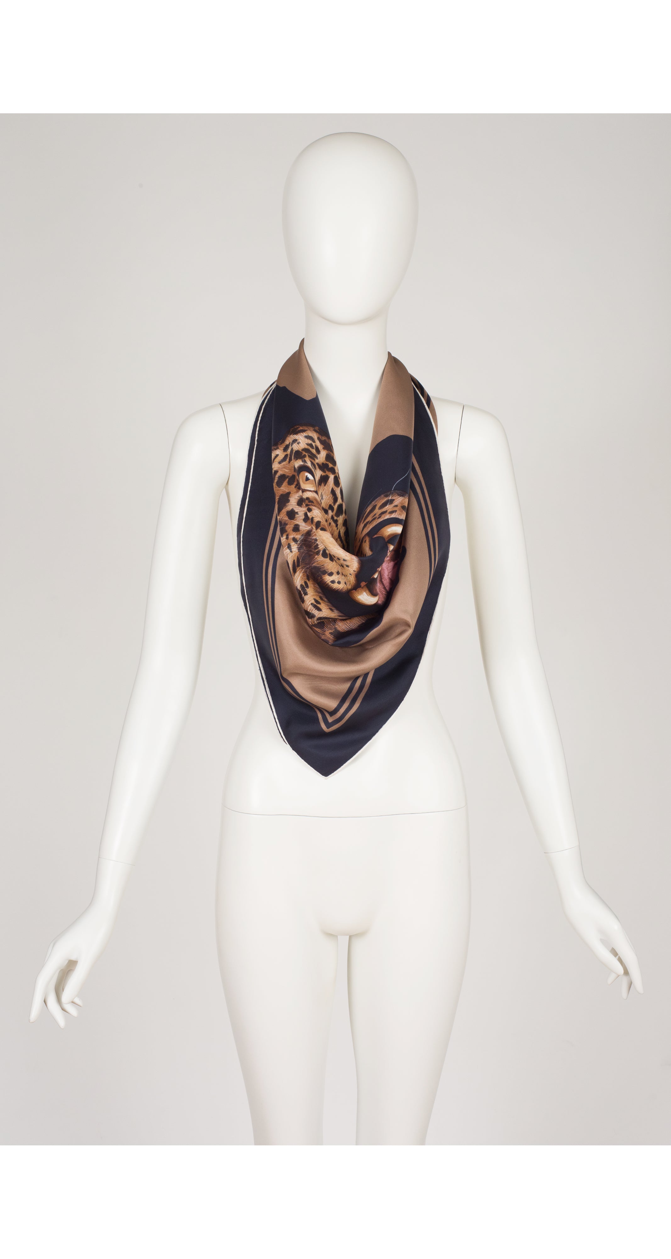 1980s Leopard Face Beige Silk Twill Scarf