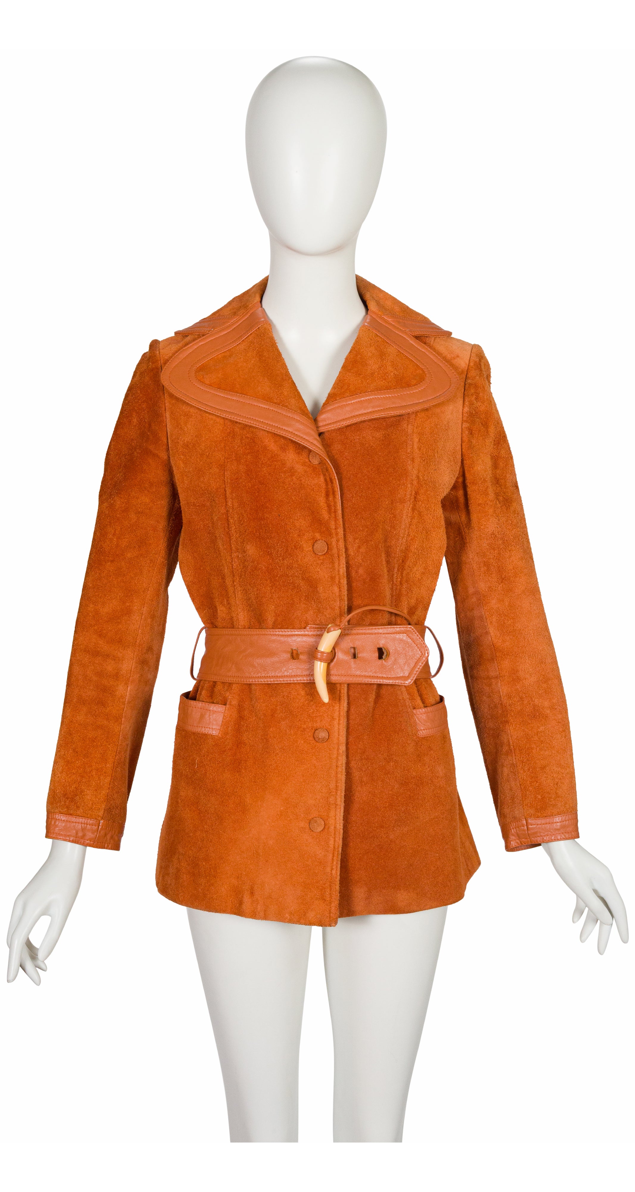 1970s Burnt Orange Suede & Leather Horn Toggle Jacket