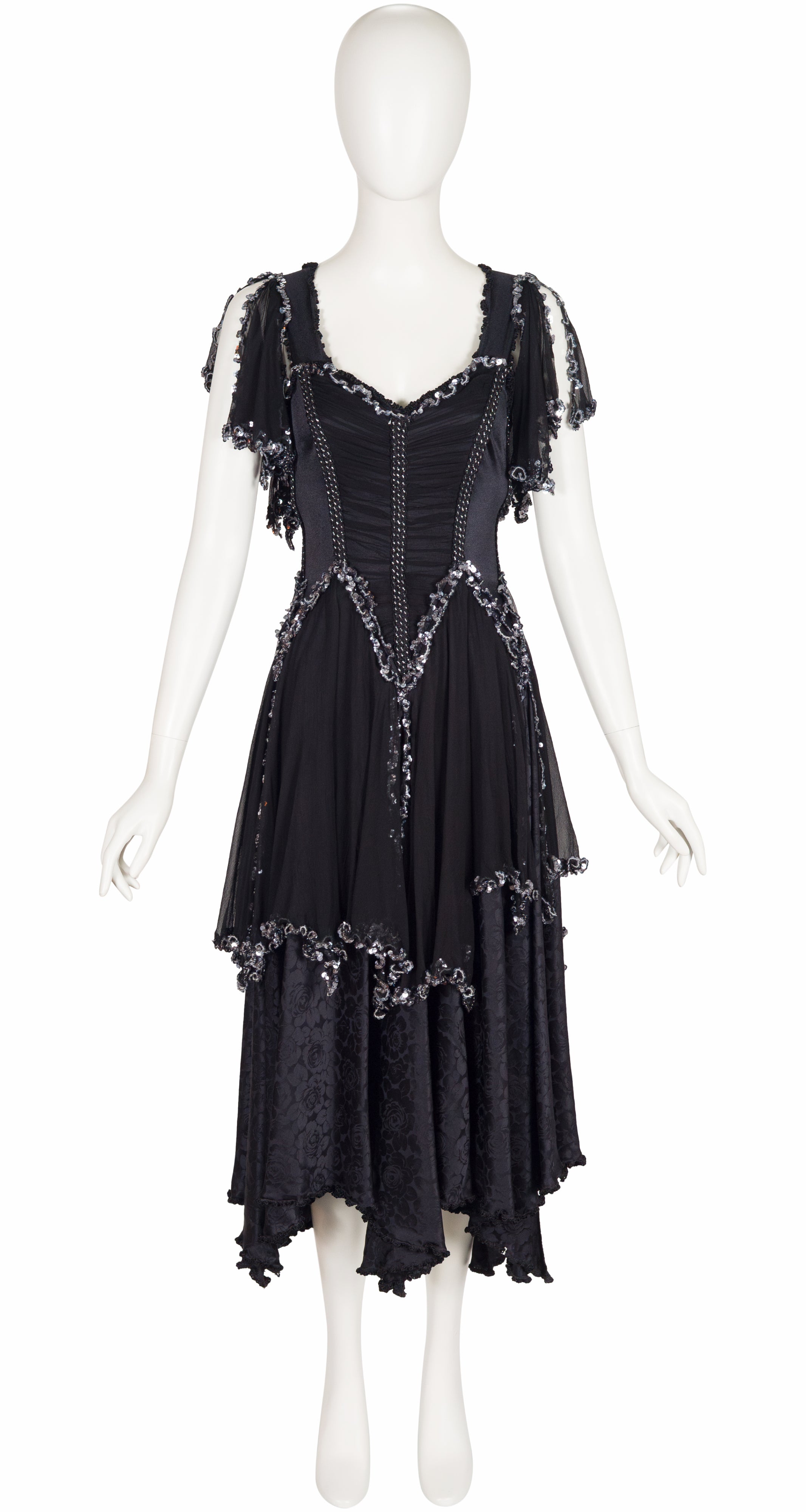 1980s Sequin Black Silk Handkerchief Hem Evening Dress