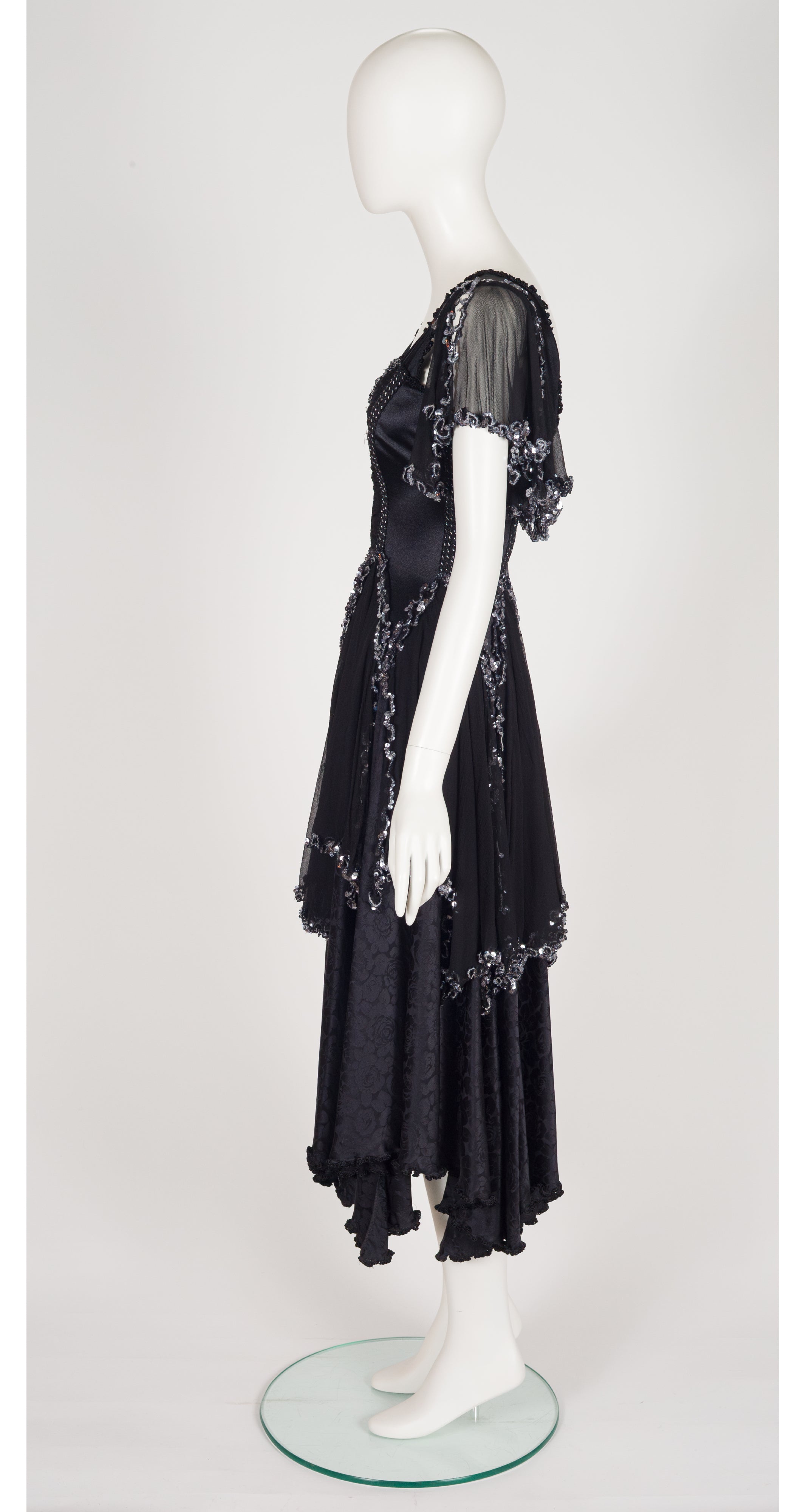 1980s Sequin Black Silk Handkerchief Hem Evening Dress