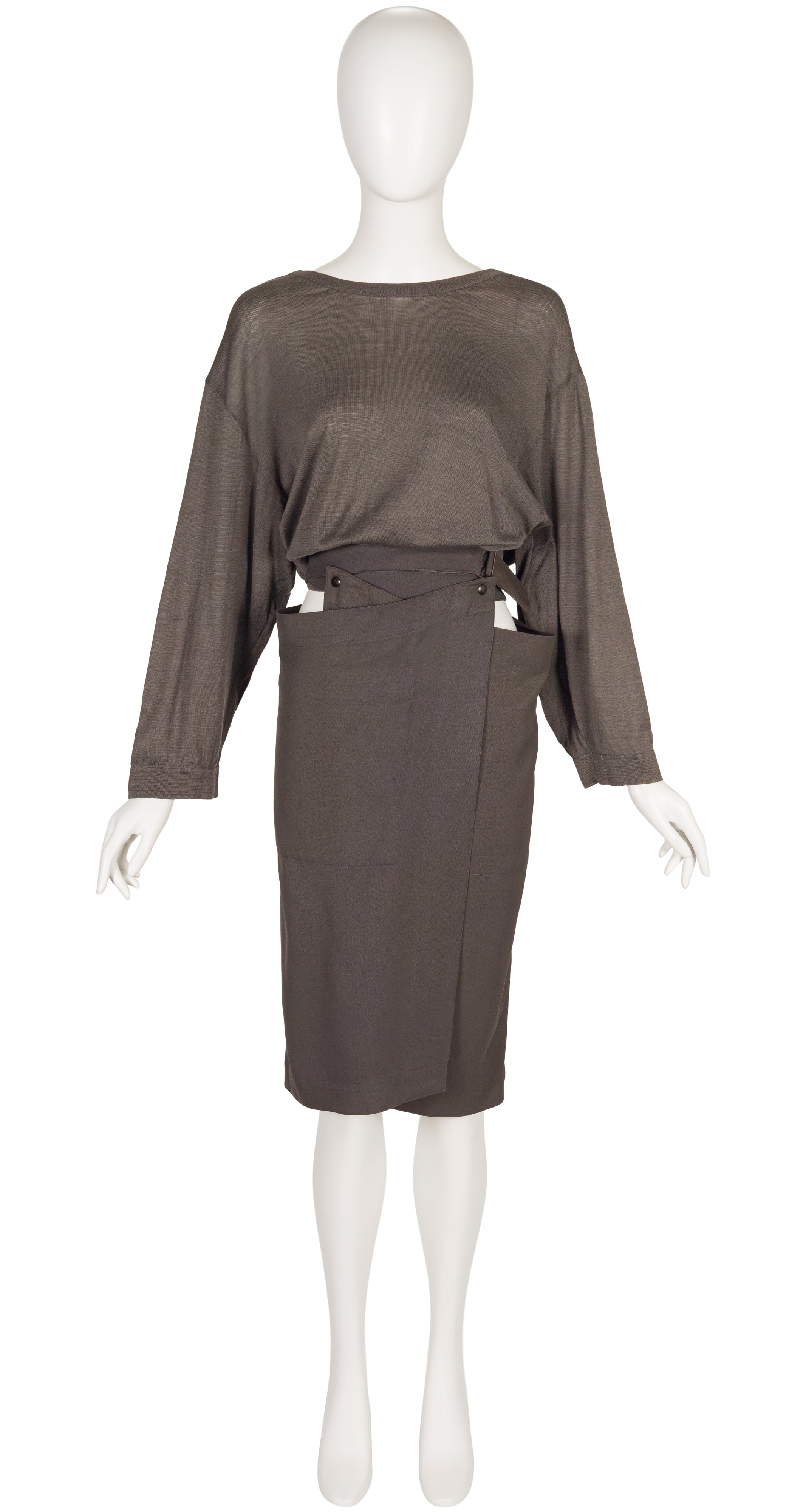 1984 S/S Taupe Cut-Out Wrap Skirt & Sweater Set