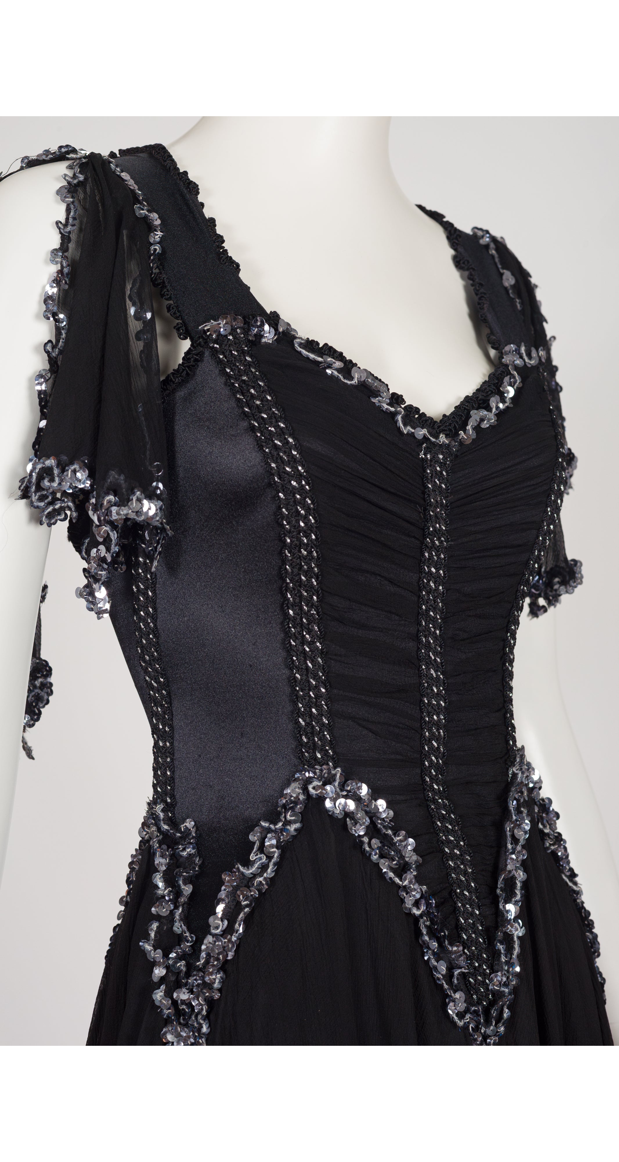 1980s Sequin Black Silk Handkerchief Hem Evening Dress