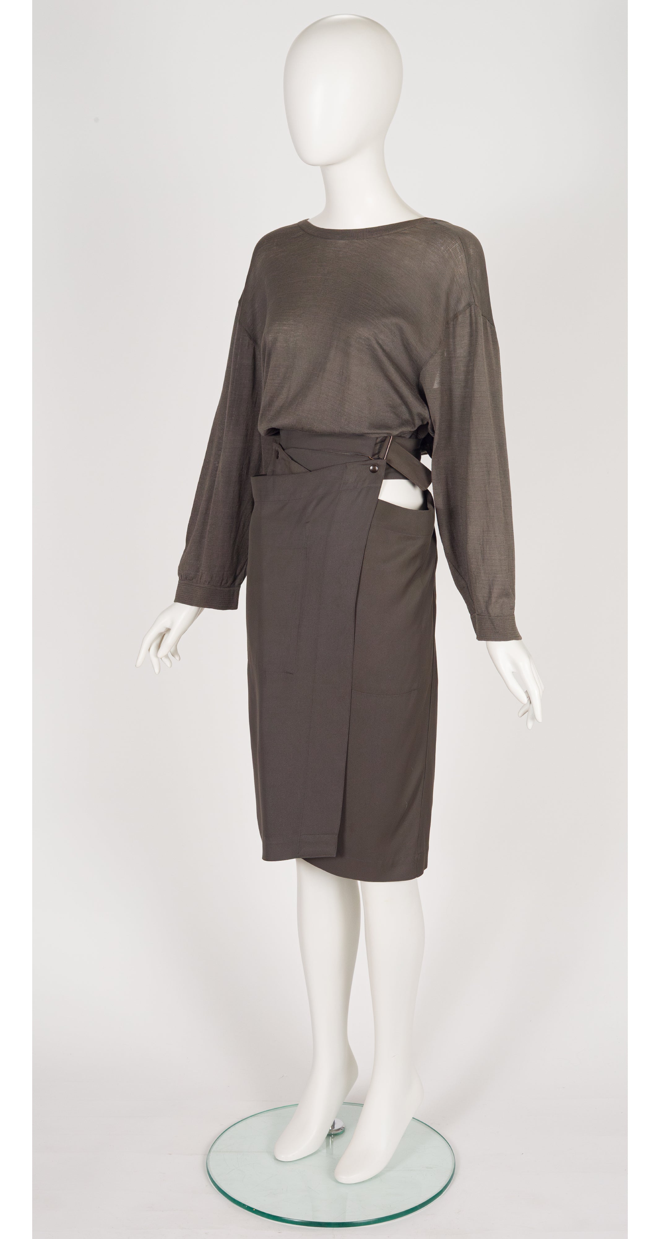 1984 S/S Taupe Cut-Out Wrap Skirt & Sweater Set