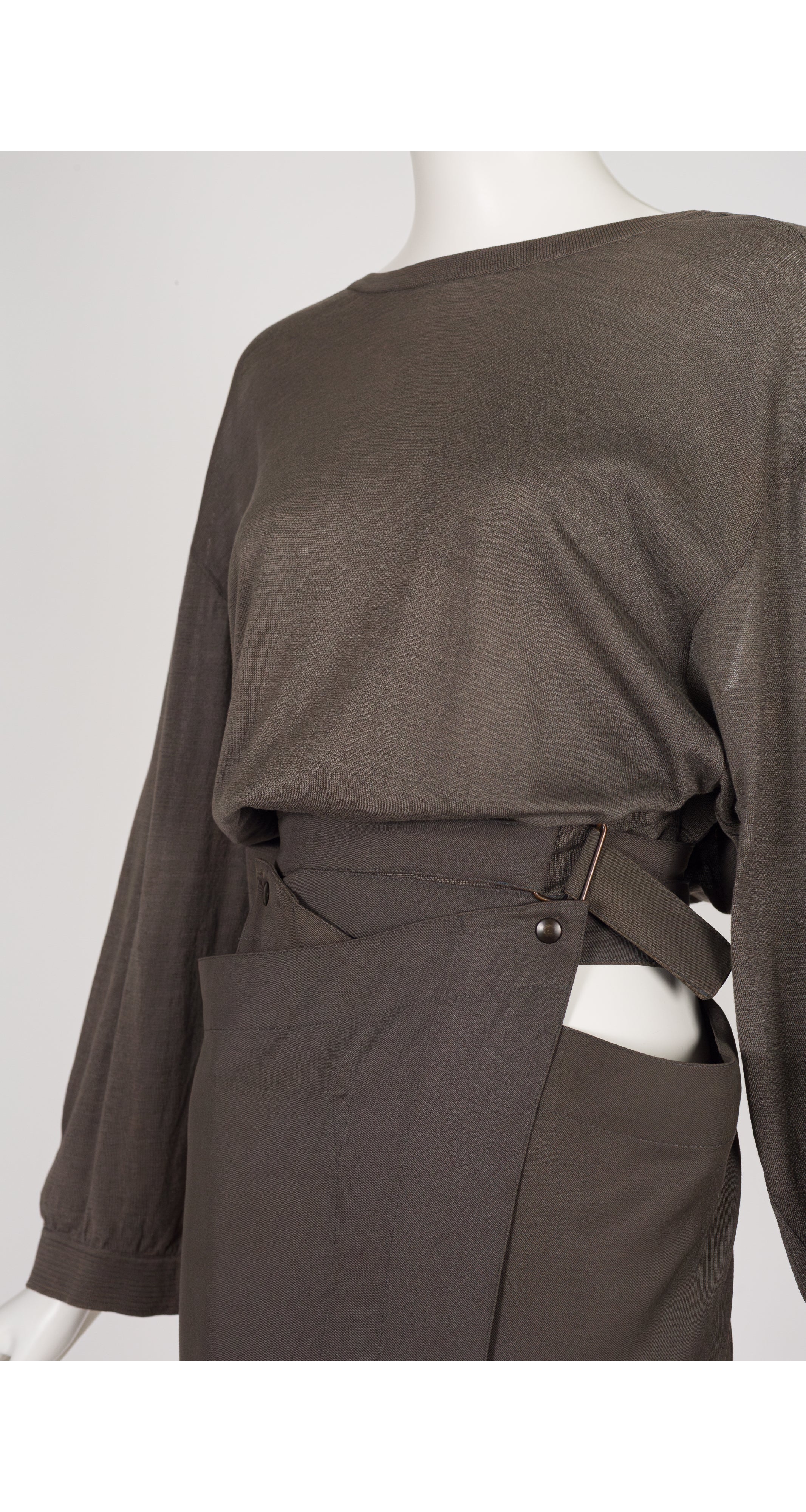 1984 S/S Taupe Cut-Out Wrap Skirt & Sweater Set