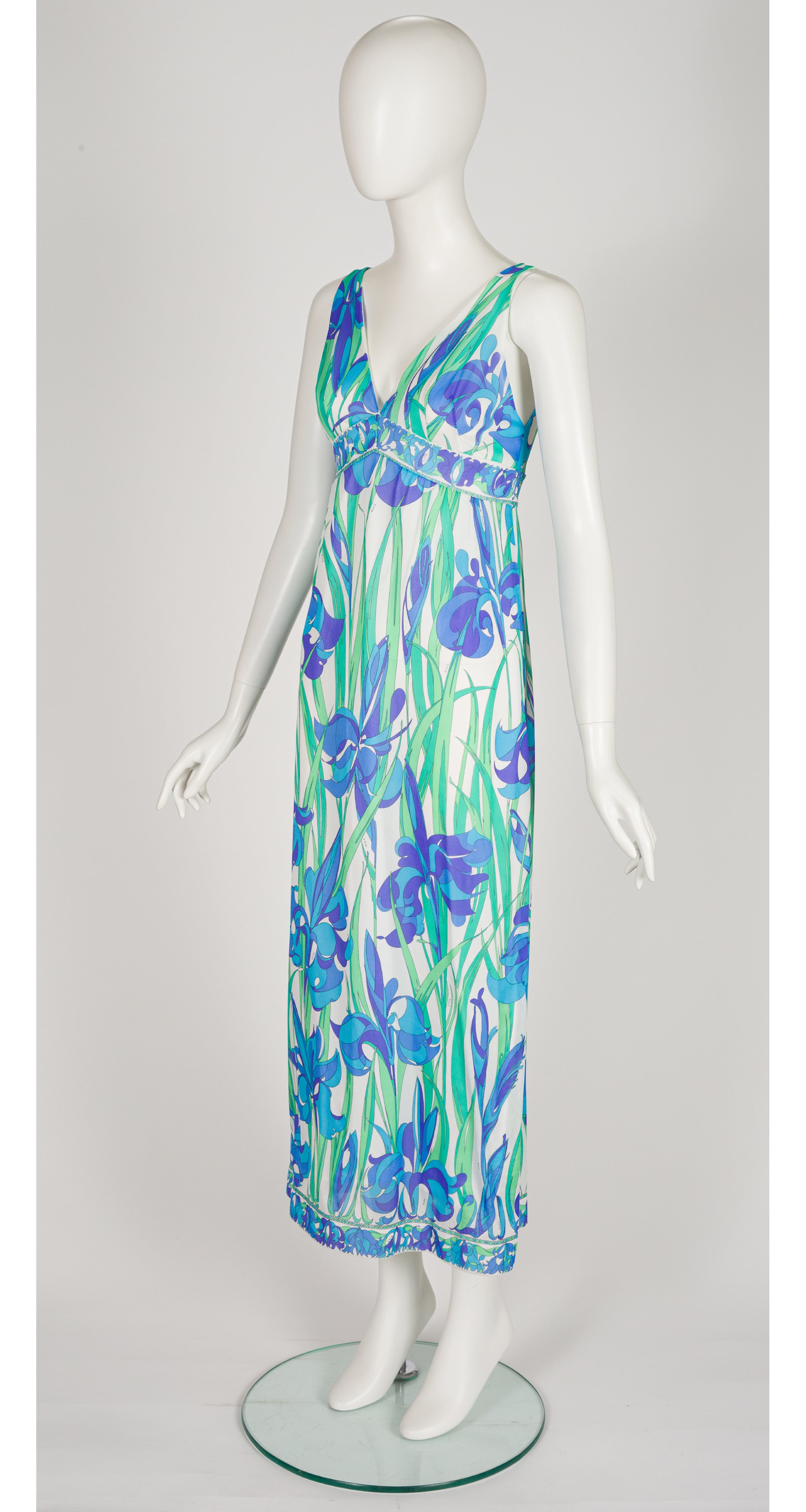 1960s Iris Print Blue & Green Nylon Nightgown Dress