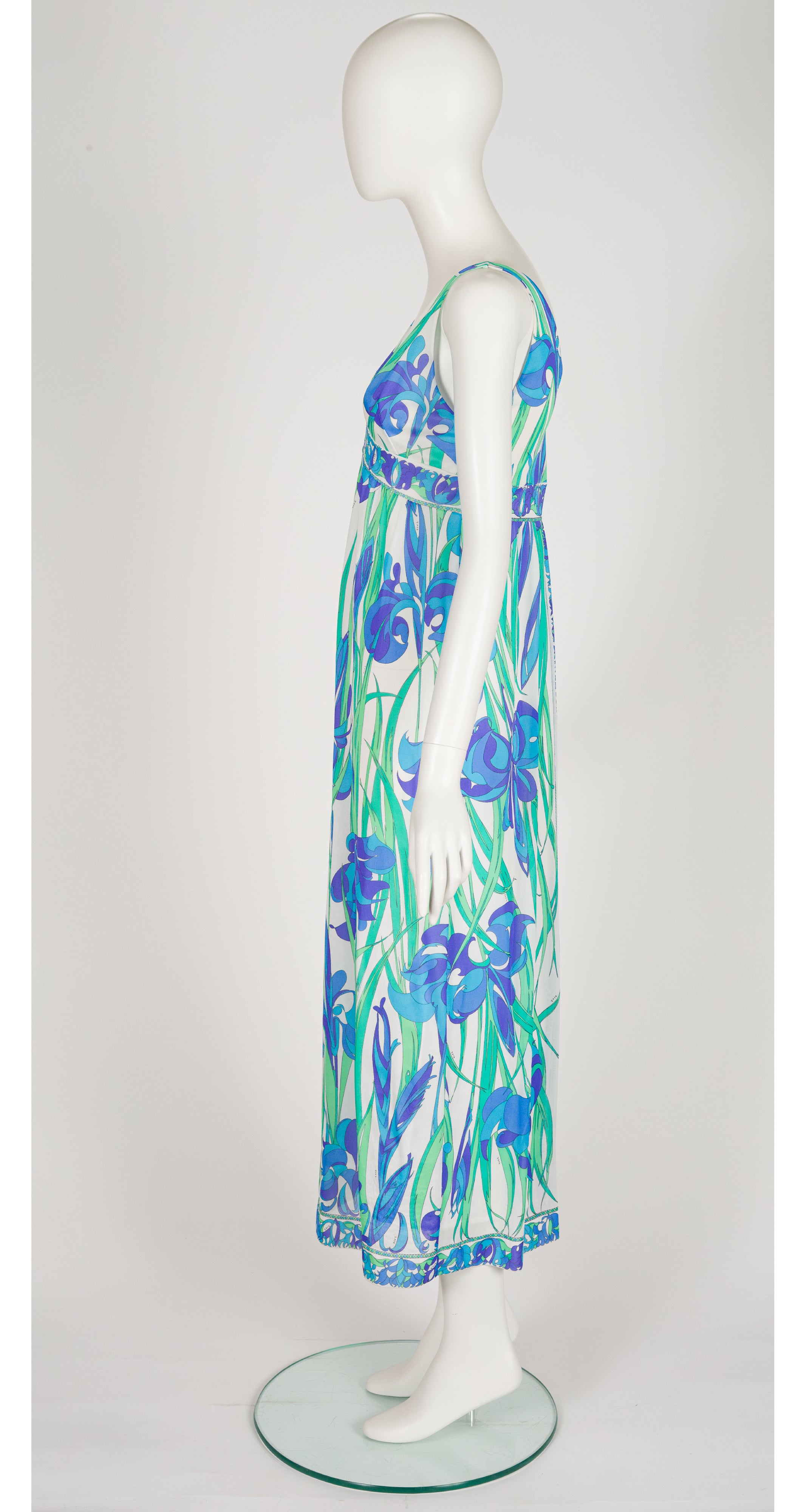 1960s Iris Print Blue & Green Nylon Nightgown Dress