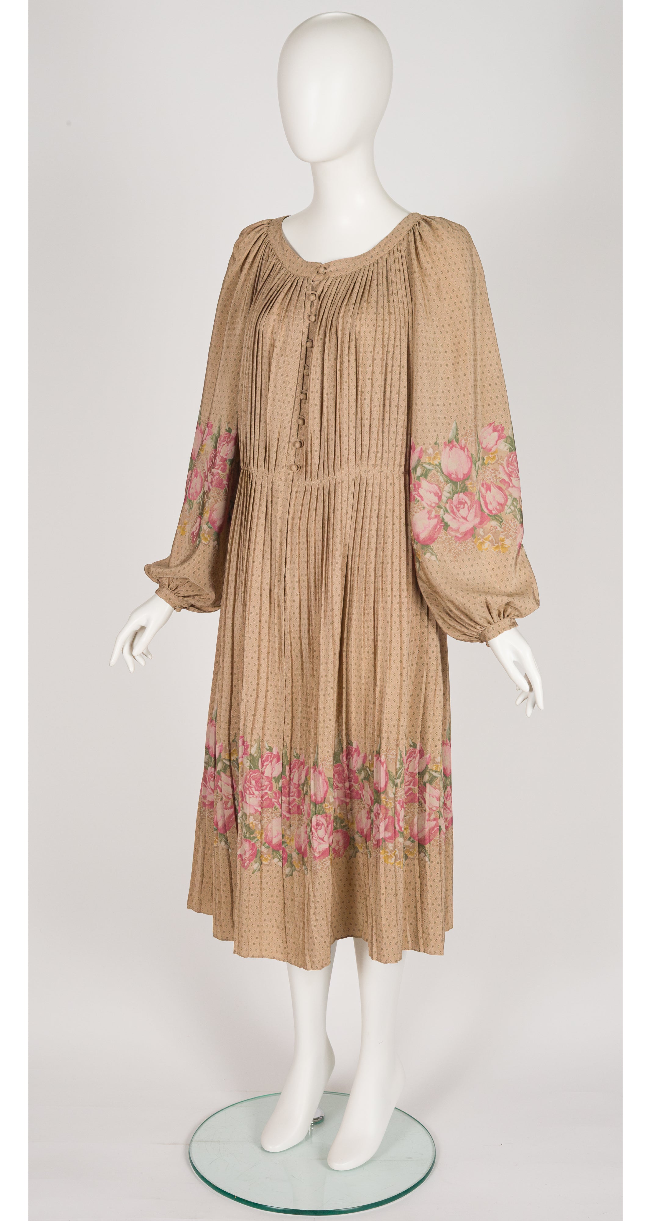 1978 F/W Floral Beige Silk Pleated Balloon Sleeve Dress