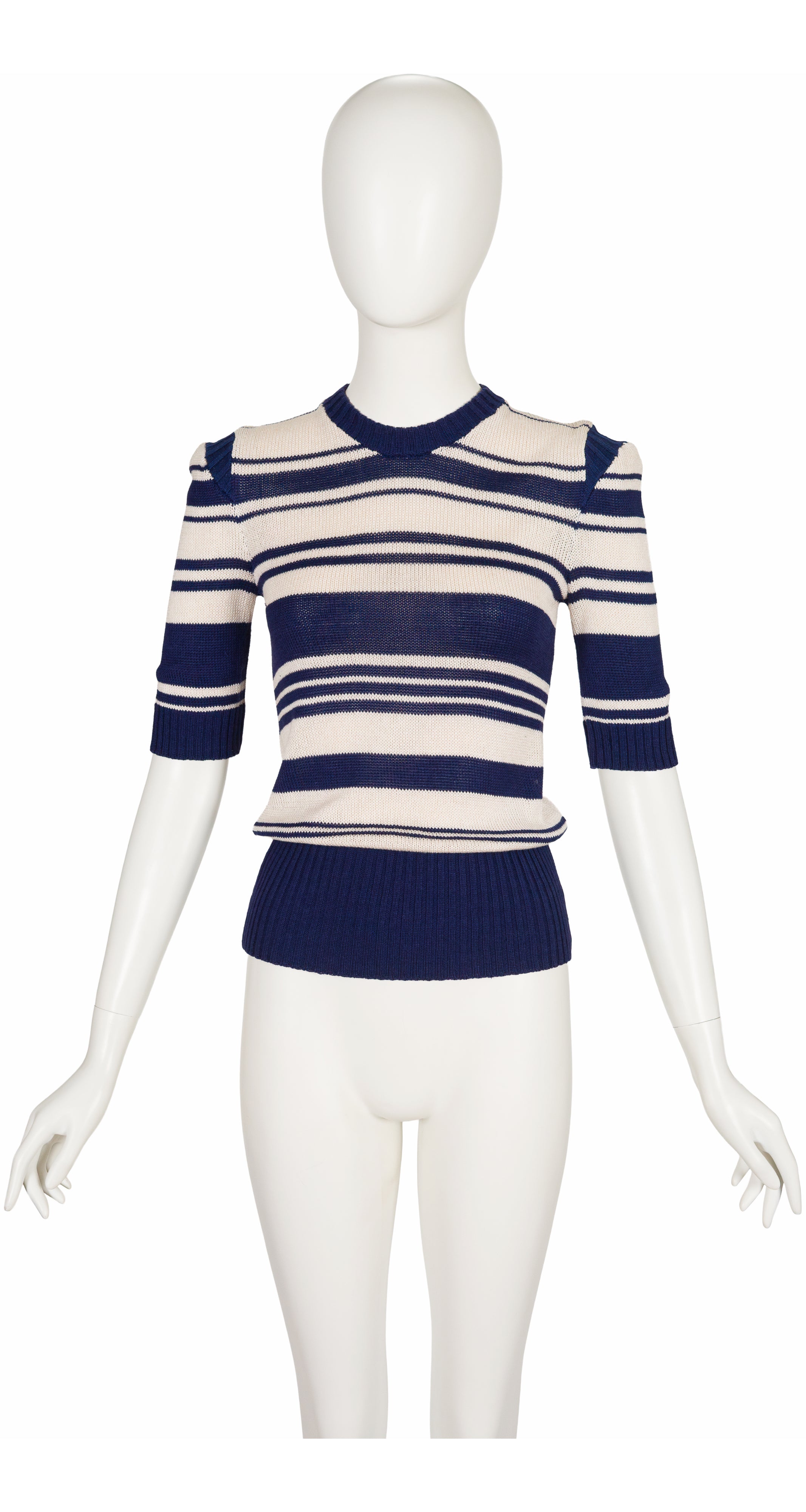1970s Striped Navy & Cream Cotton Knit Short Sleeve Top