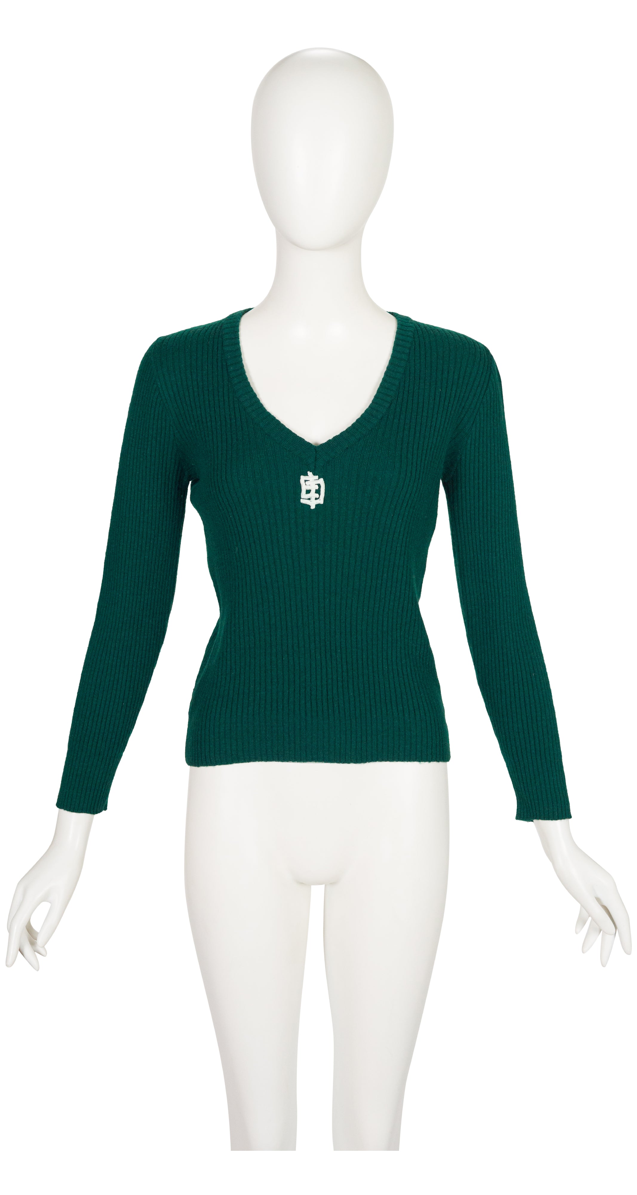 1970s Logo Dark Green Ribbed Wool V-Neck Sweater