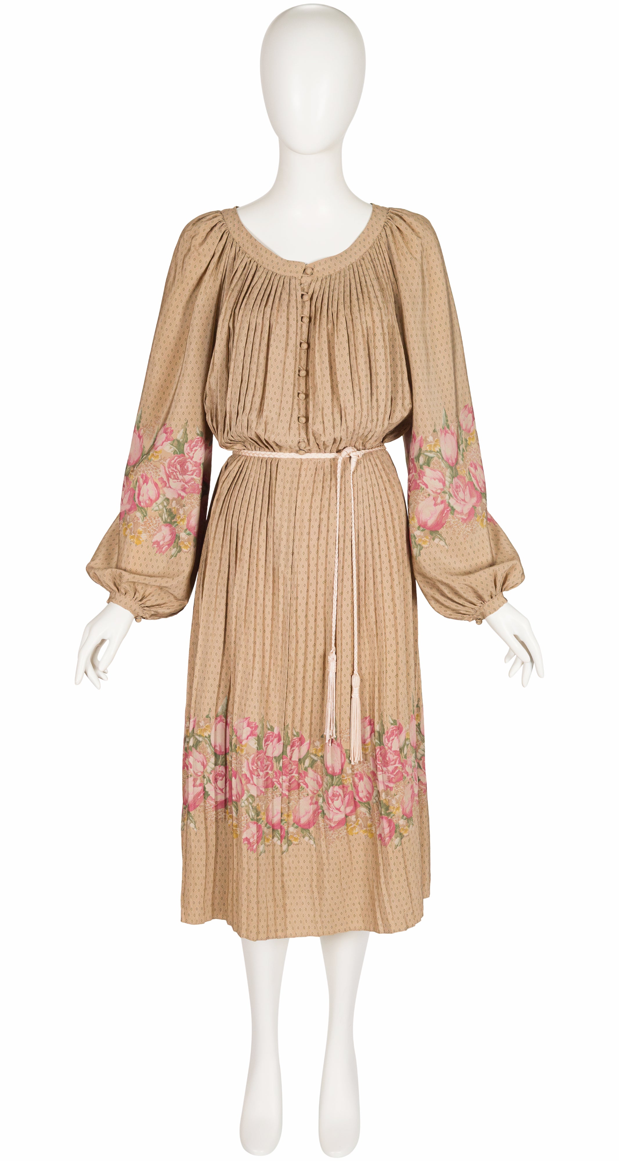 1978 F/W Floral Beige Silk Pleated Balloon Sleeve Dress
