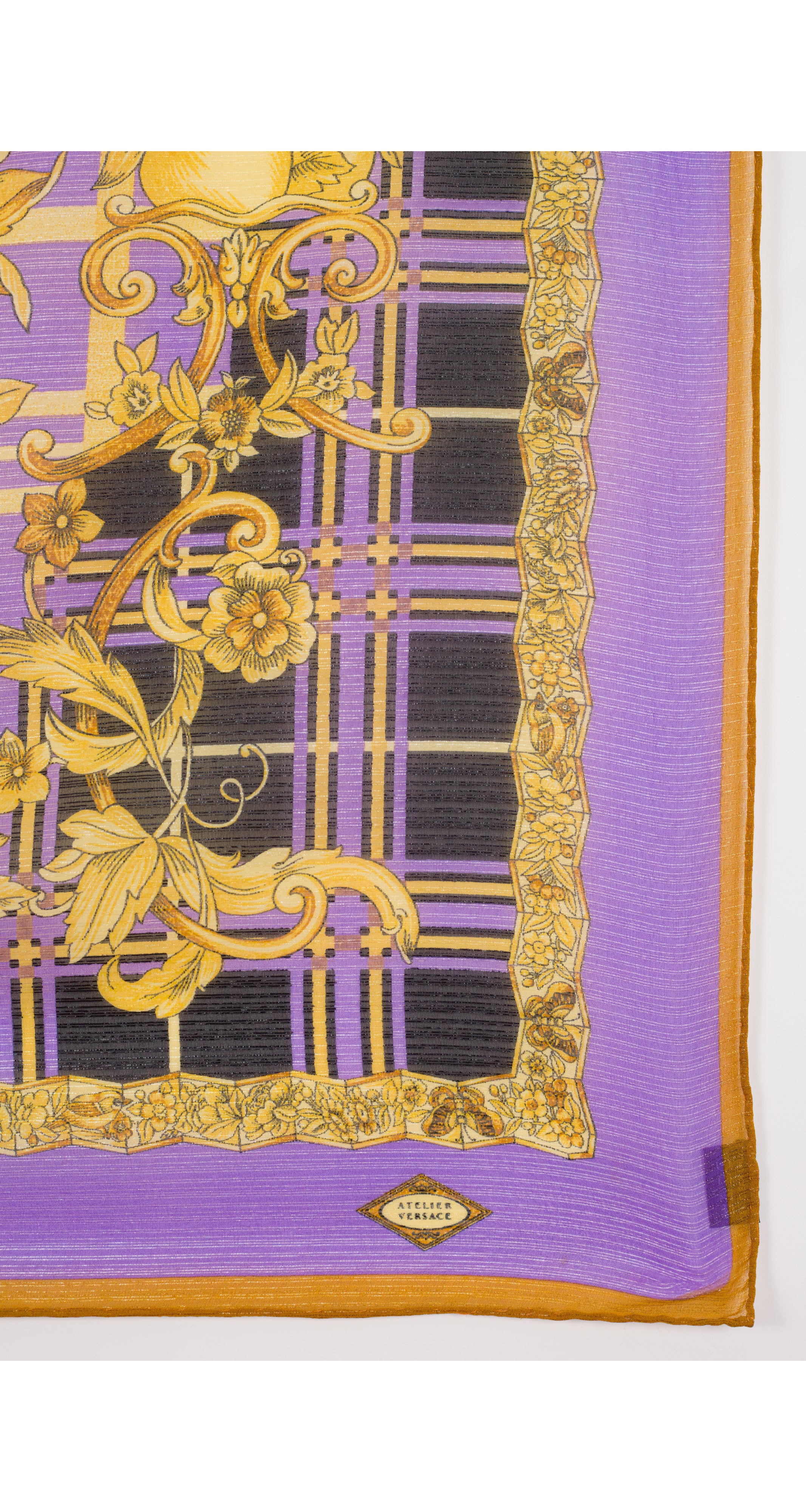 1990s Baroque Plaid Purple & Gold Lurex Scarf