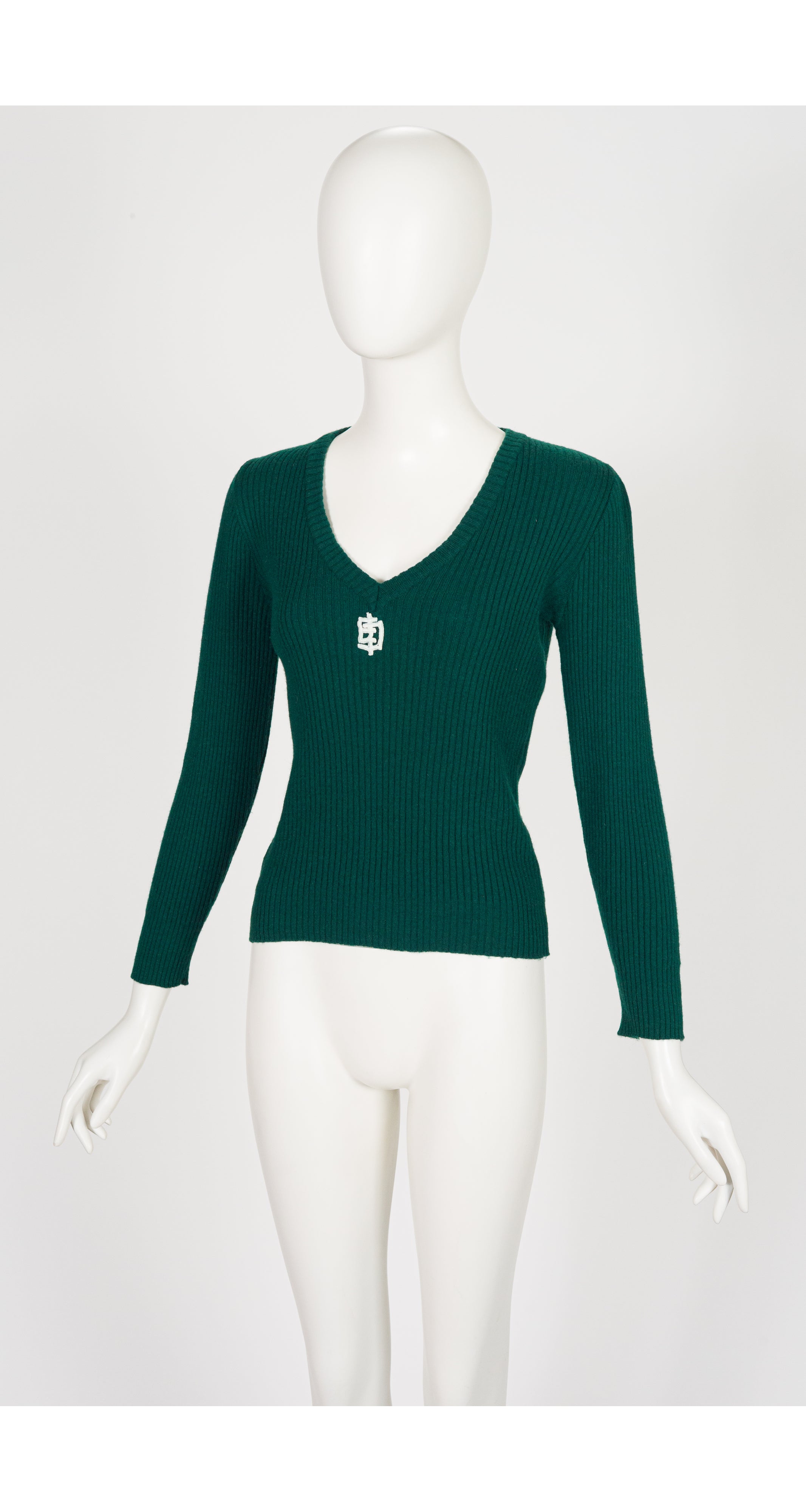 1970s Logo Dark Green Ribbed Wool V-Neck Sweater