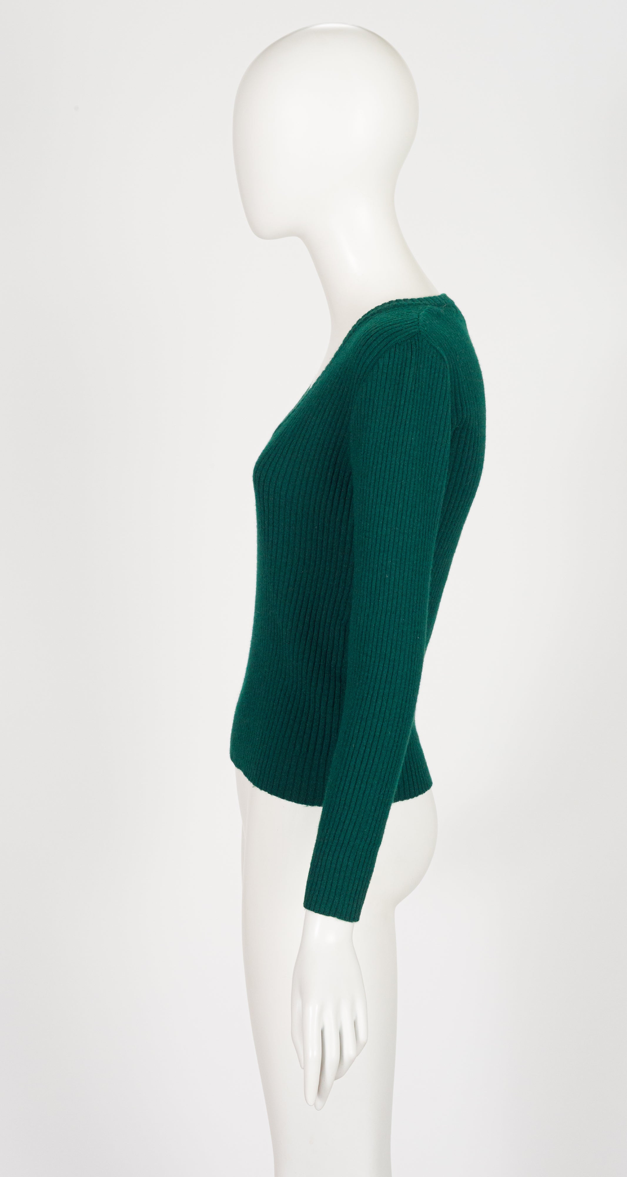 1970s Logo Dark Green Ribbed Wool V-Neck Sweater