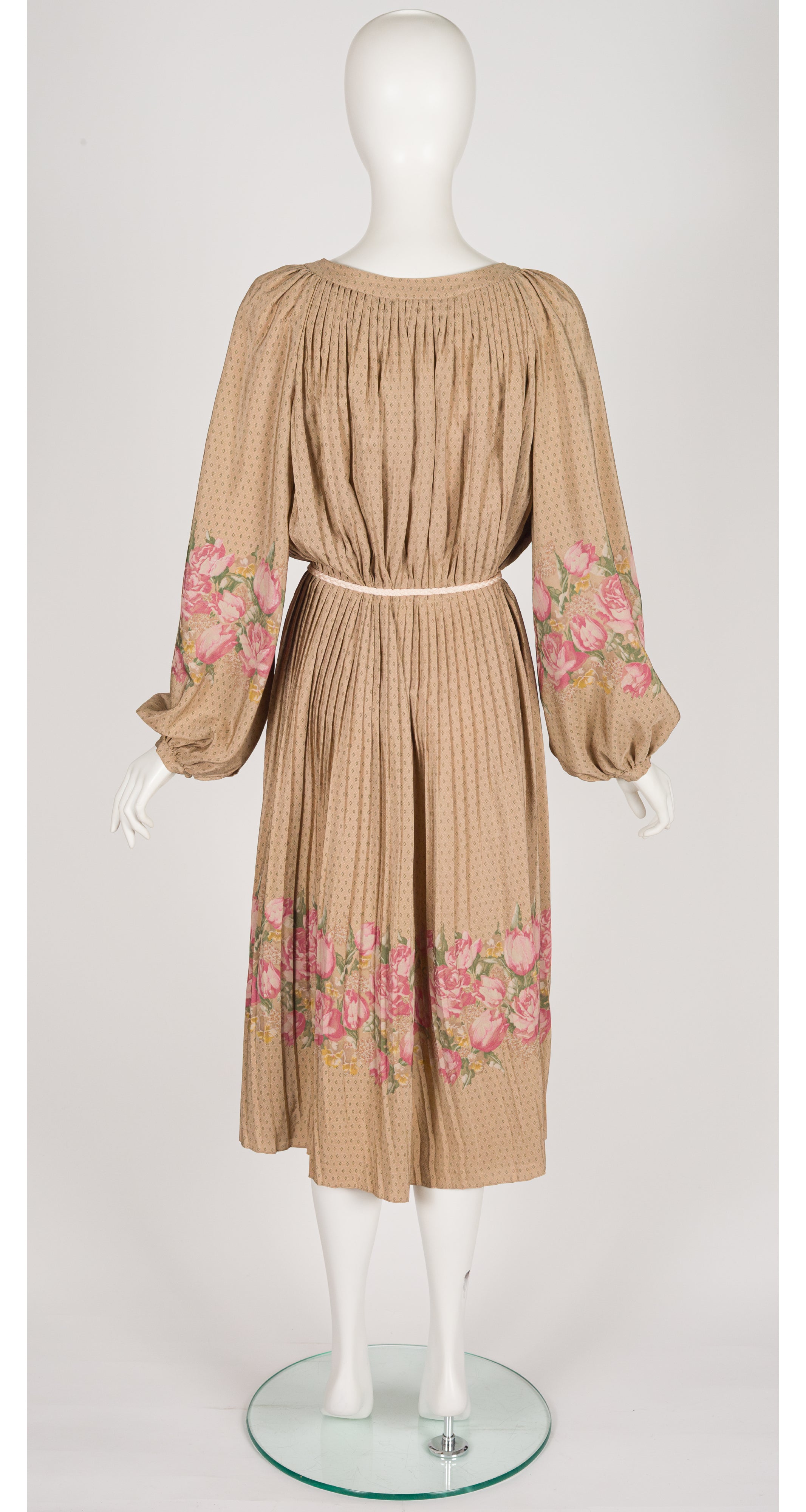 1978 F/W Floral Beige Silk Pleated Balloon Sleeve Dress