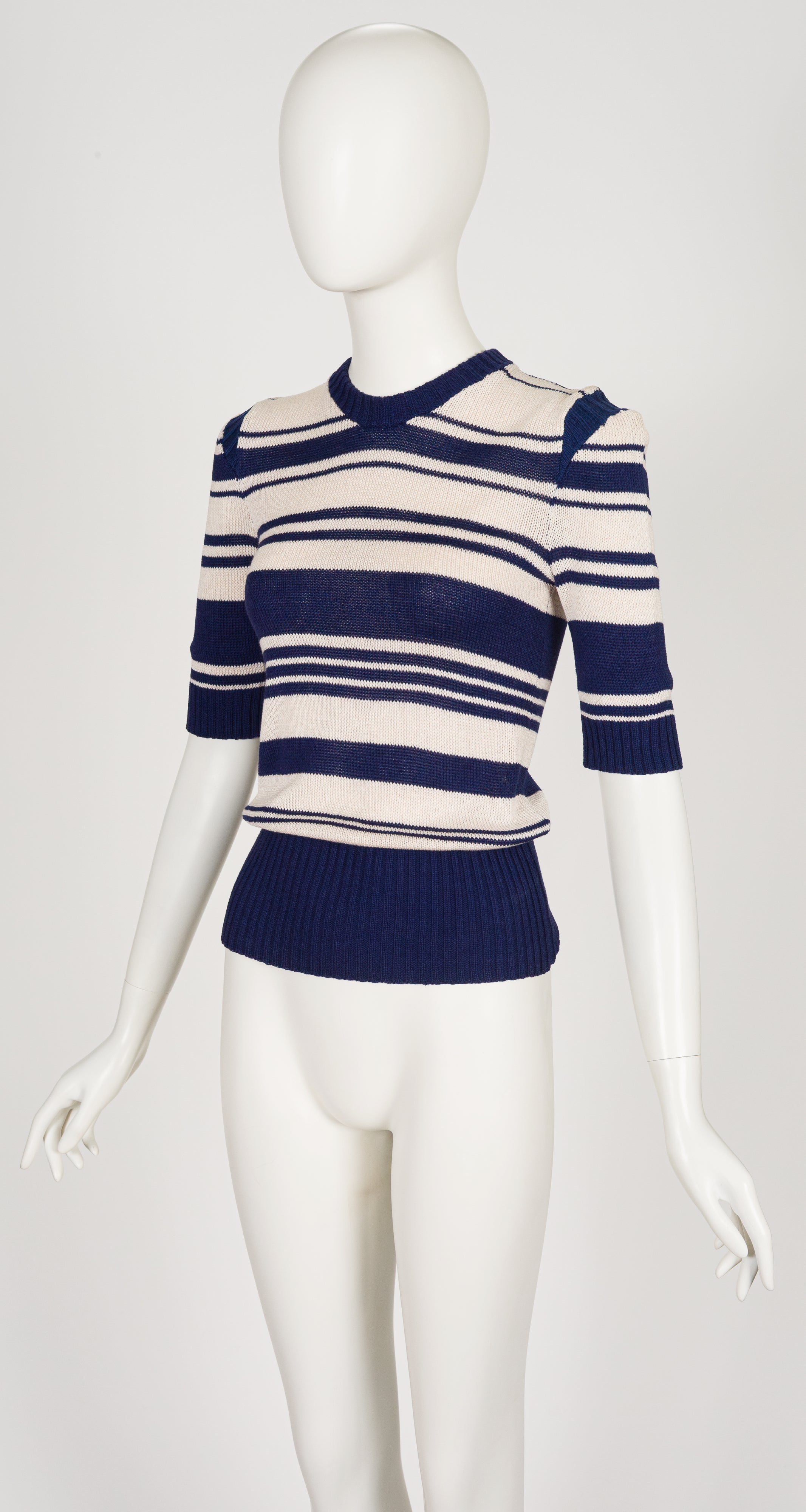 1970s Striped Navy & Cream Cotton Knit Short Sleeve Top