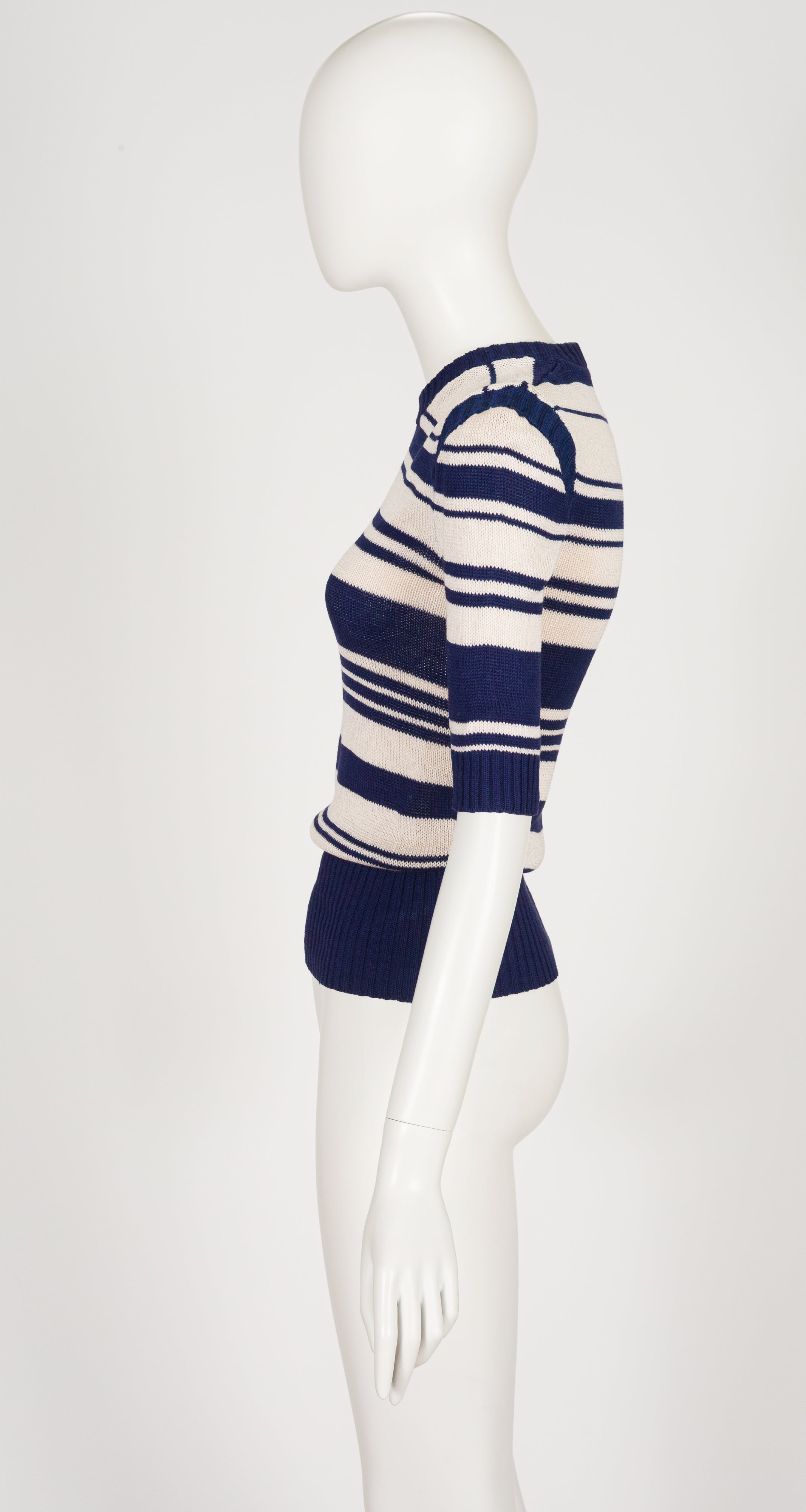 1970s Striped Navy & Cream Cotton Knit Short Sleeve Top