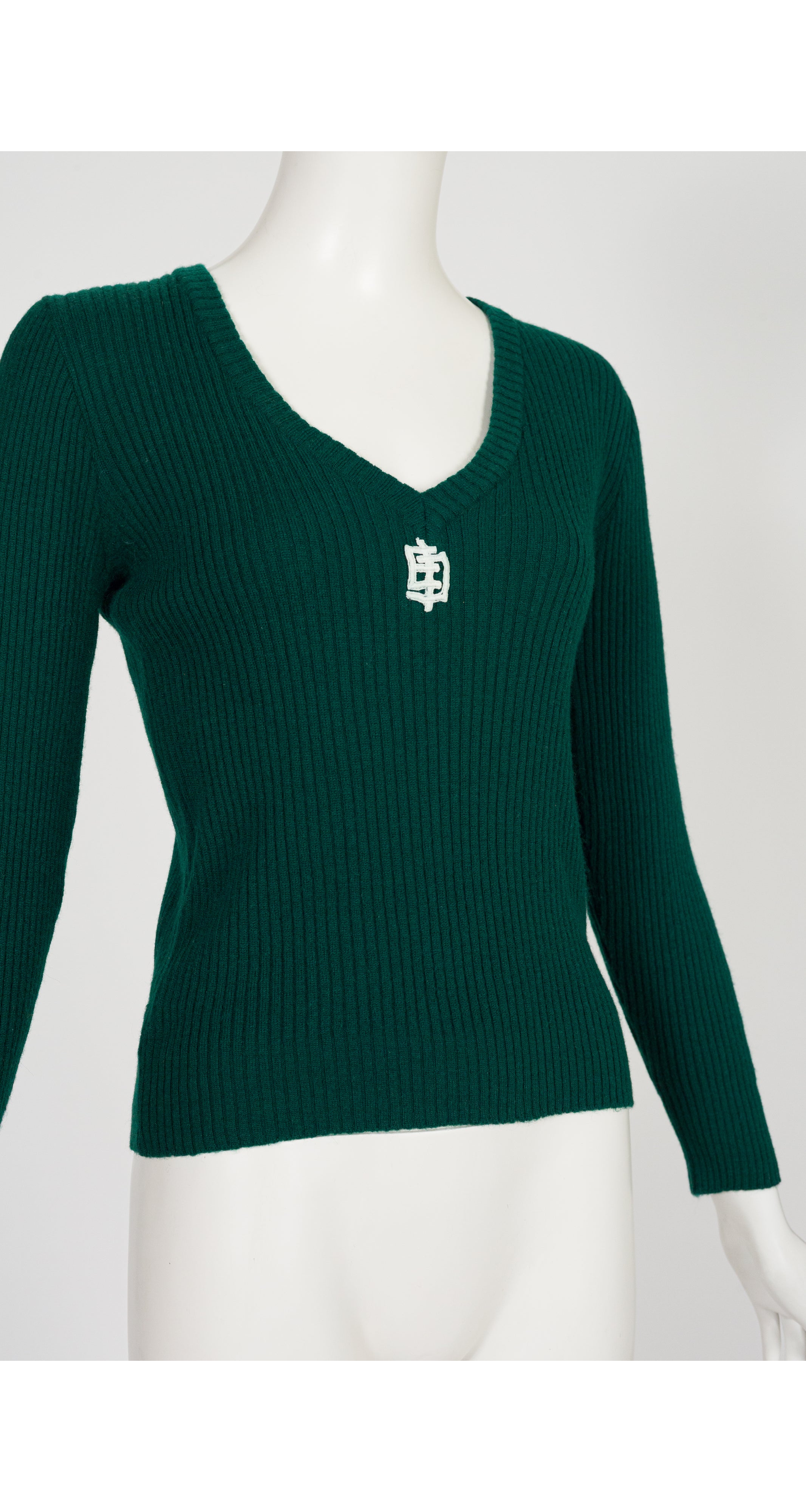1970s Logo Dark Green Ribbed Wool V-Neck Sweater