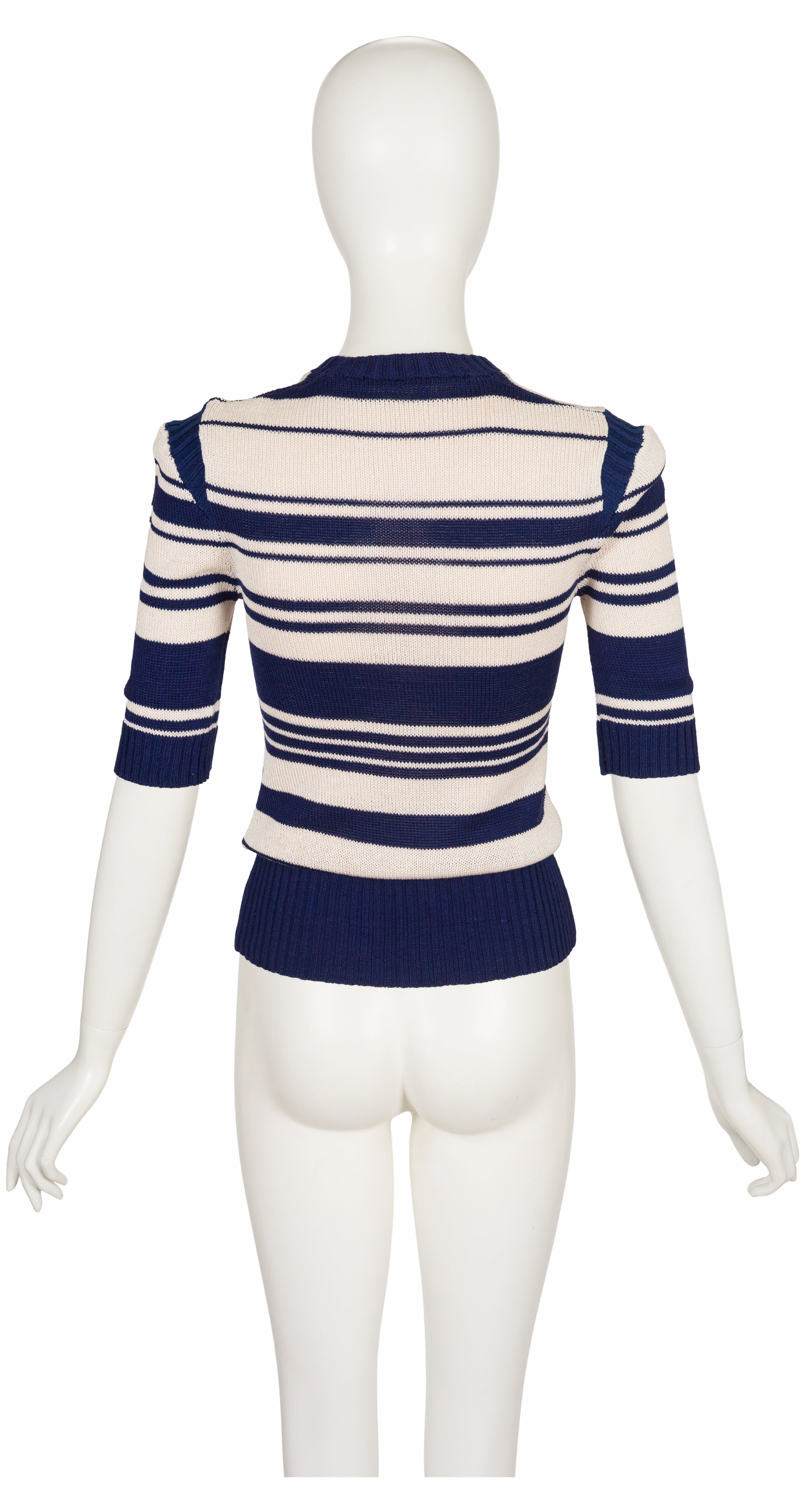 1970s Striped Navy & Cream Cotton Knit Short Sleeve Top