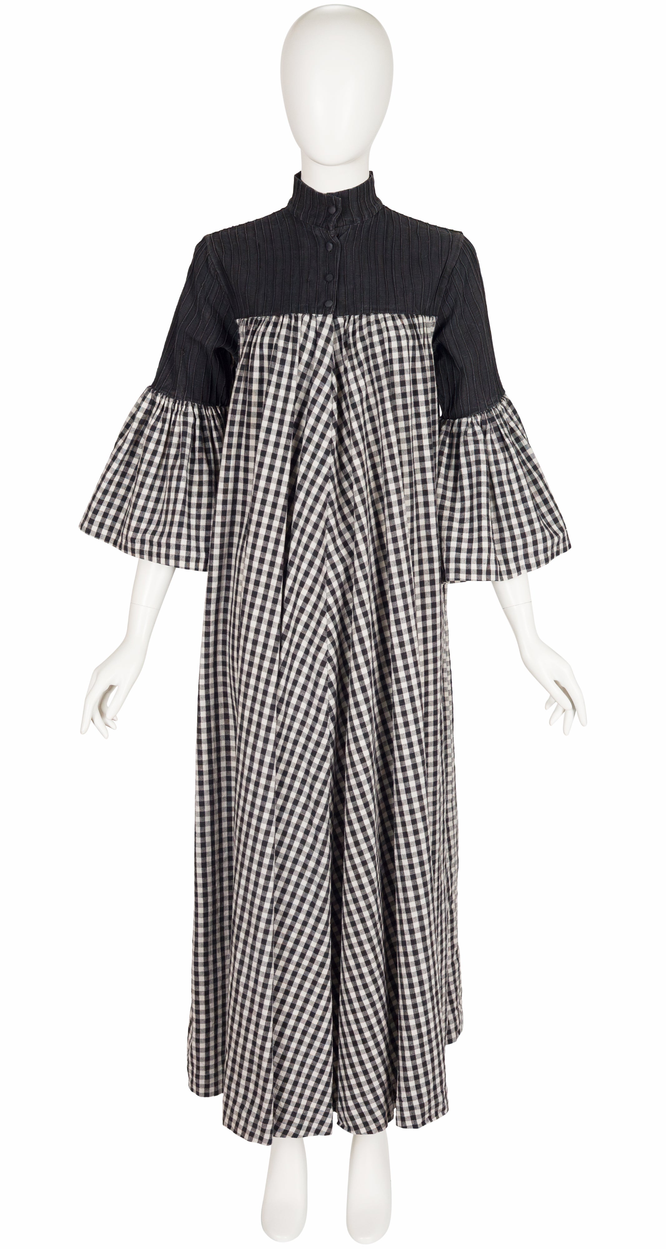 1970s Gingham Cotton Bell Sleeve Maxi Caftan Dress