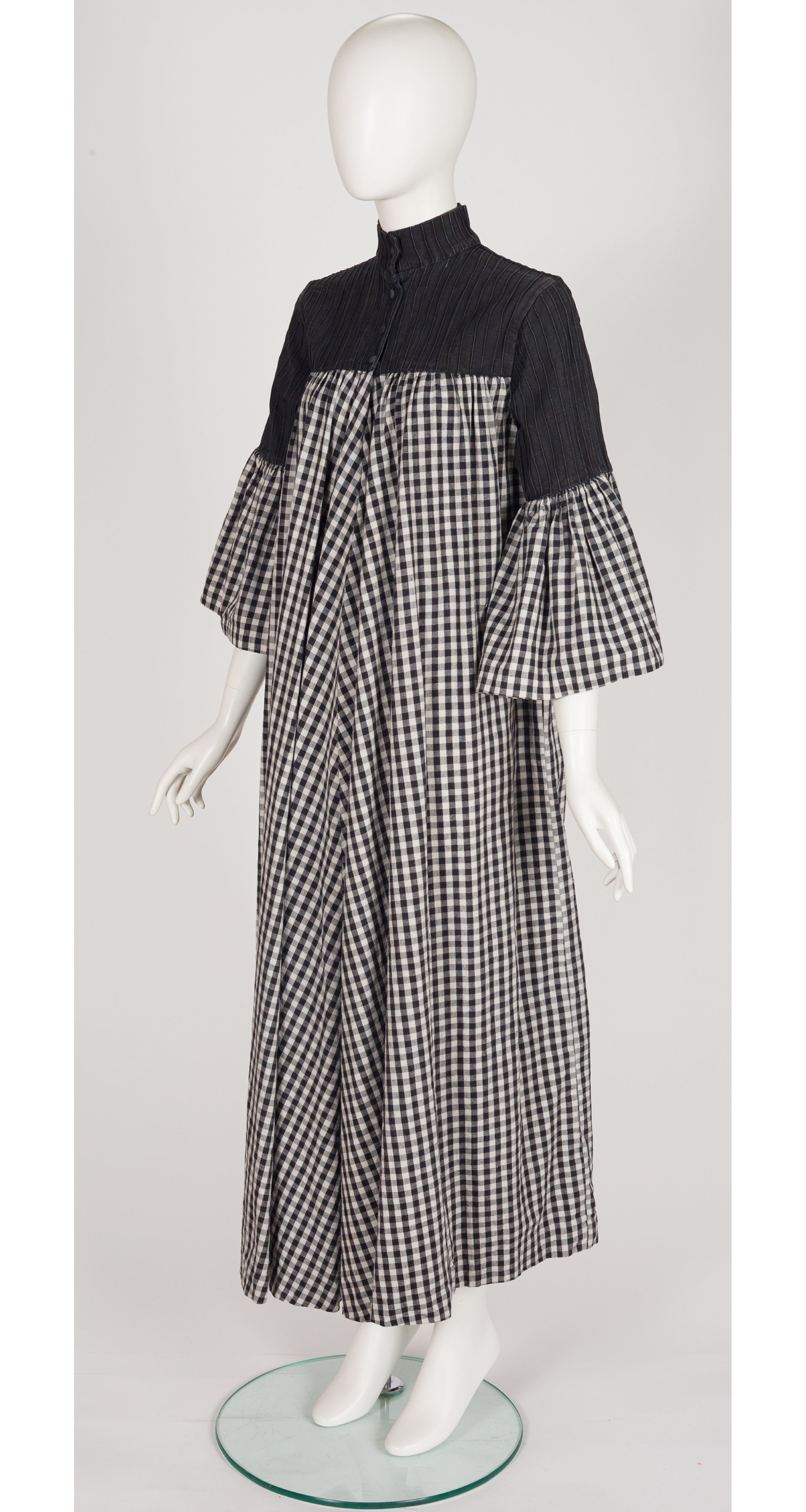 1970s Gingham Cotton Bell Sleeve Maxi Caftan Dress
