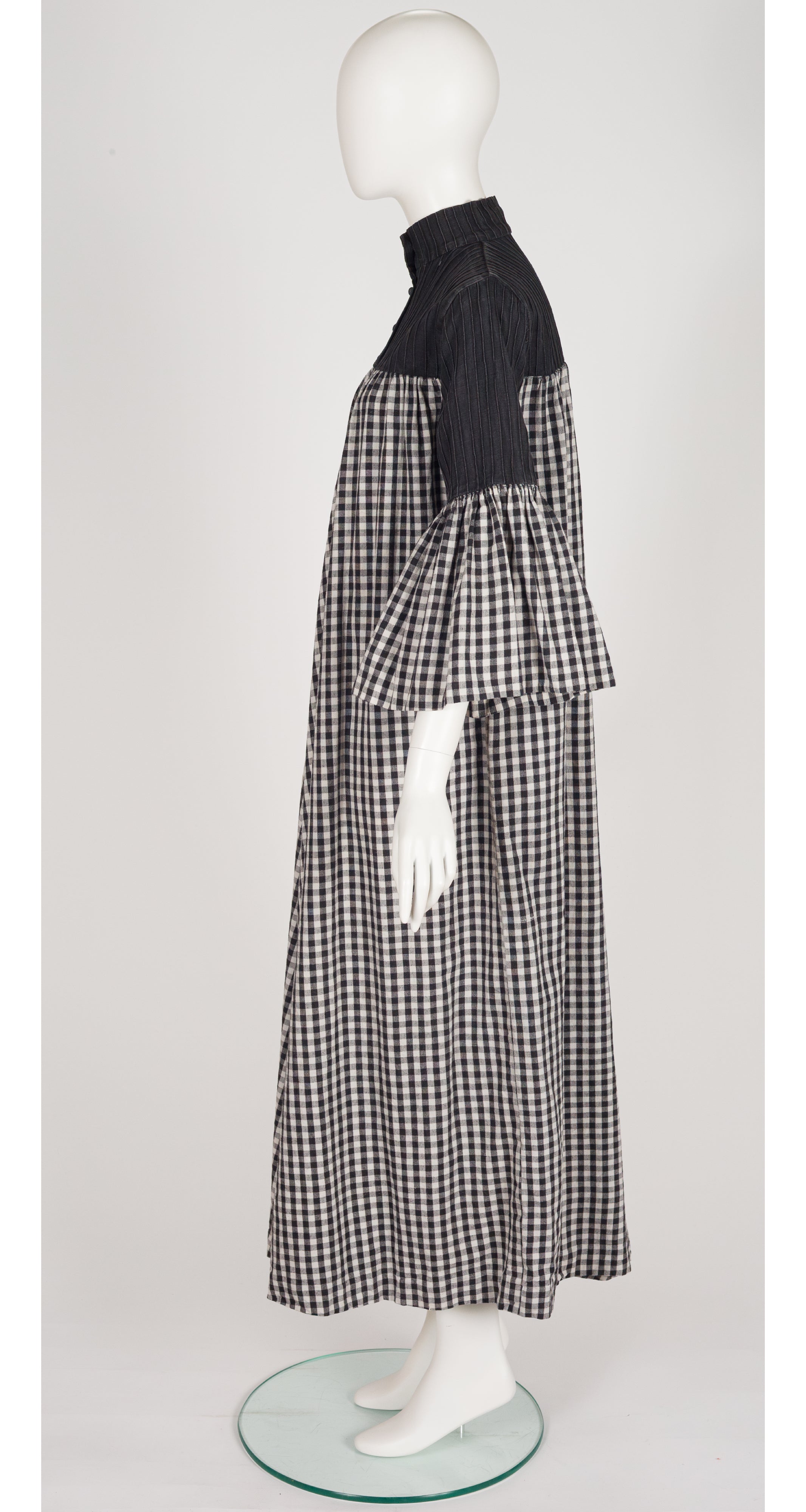 1970s Gingham Cotton Bell Sleeve Maxi Caftan Dress