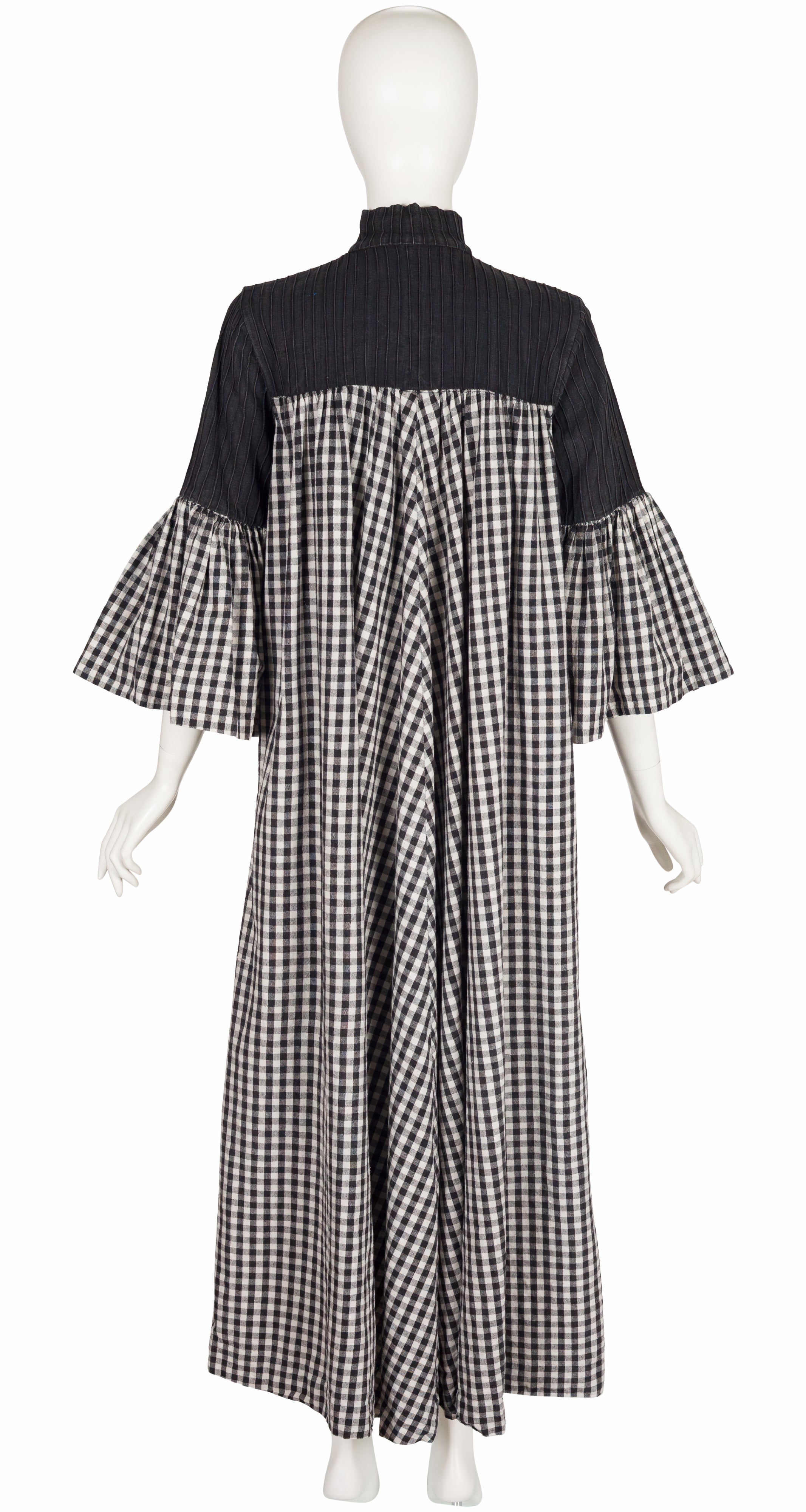 1970s Gingham Cotton Bell Sleeve Maxi Caftan Dress