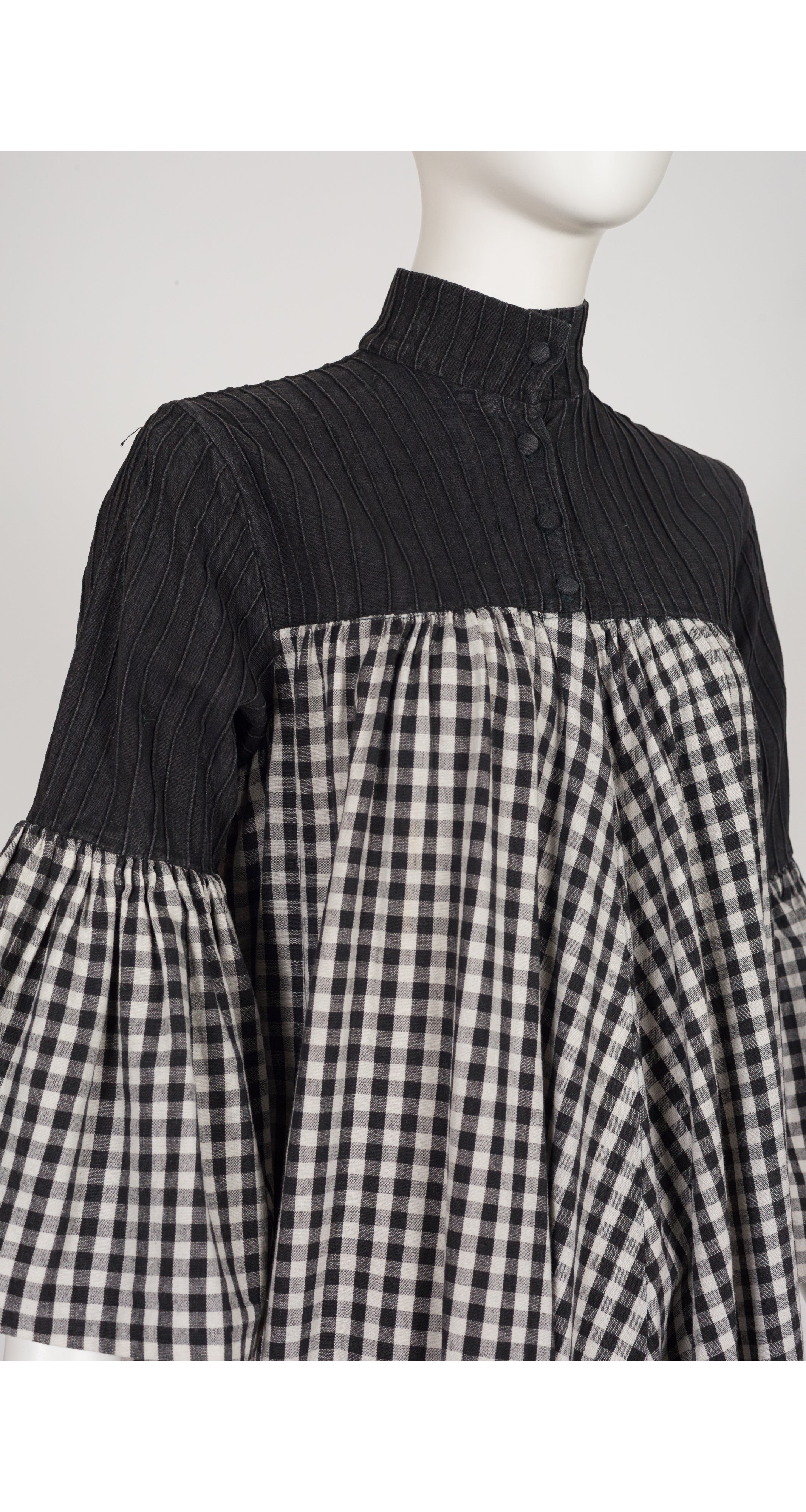 1970s Gingham Cotton Bell Sleeve Maxi Caftan Dress